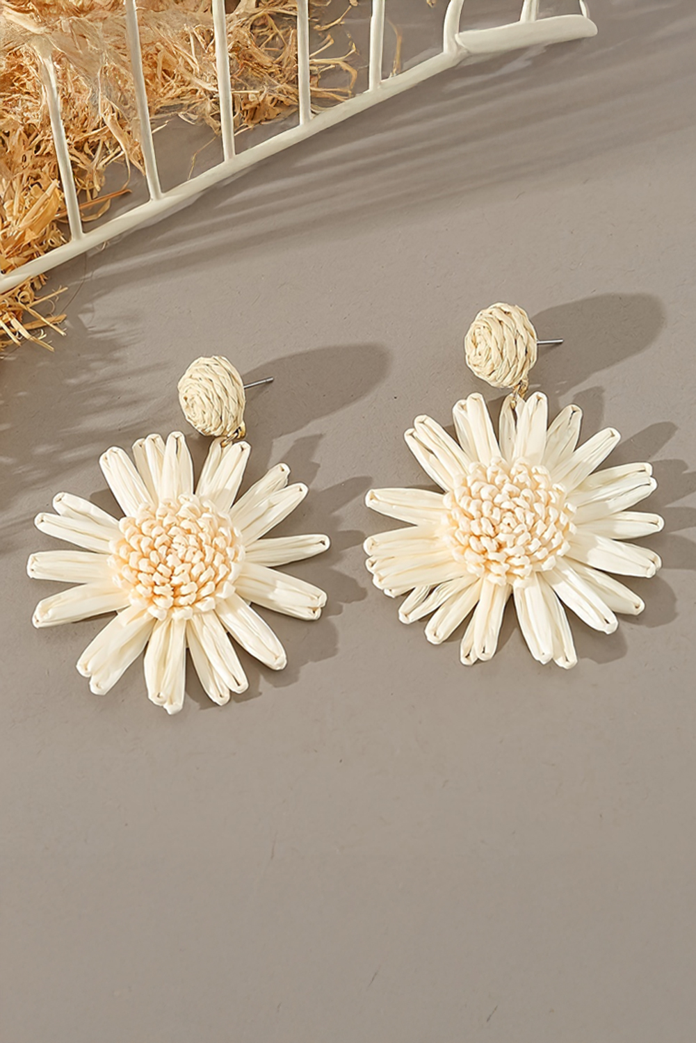 White Boho Raffia Crochet Sunflower Dangle Earrings - loveforevers