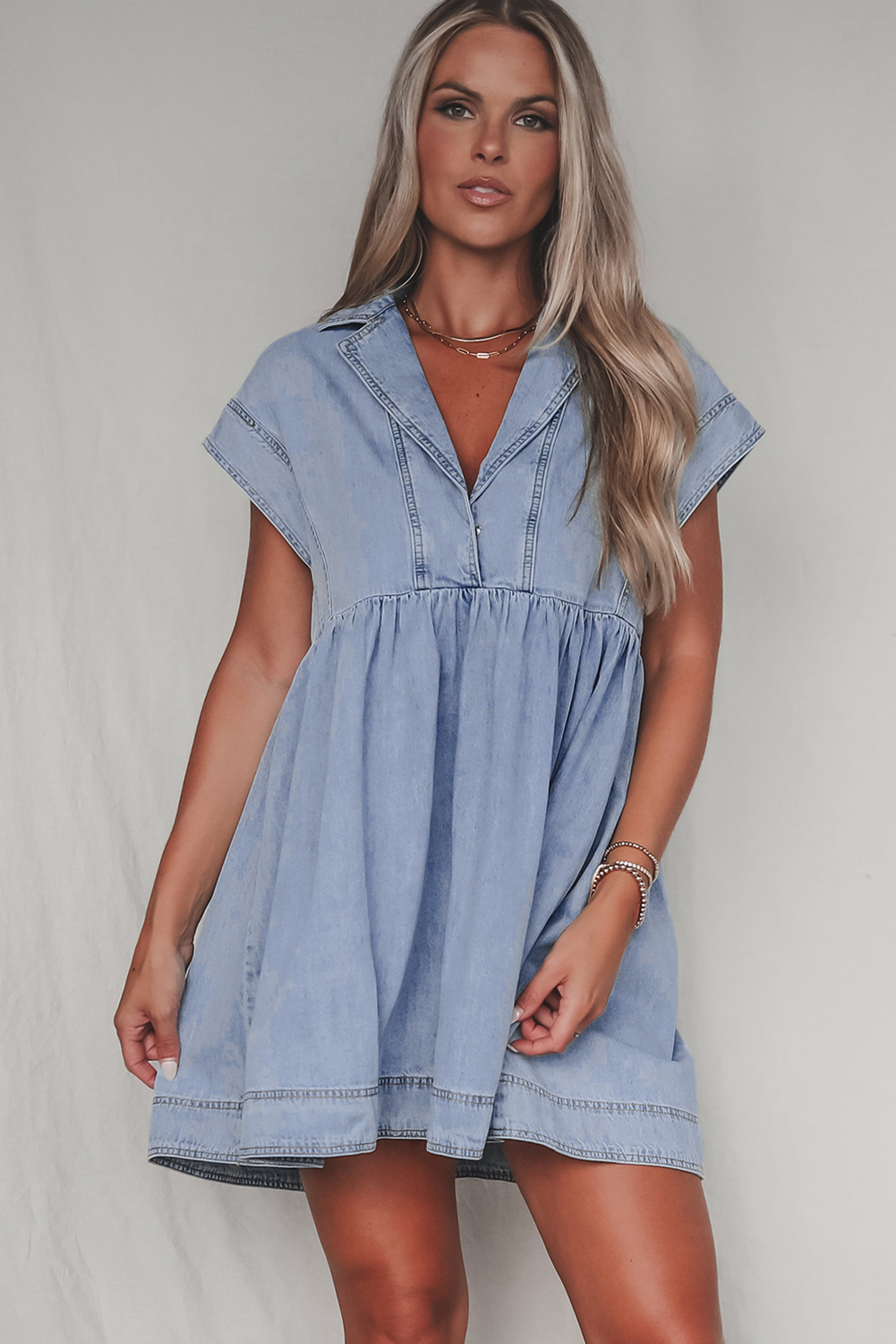 Beau Blue Lapel Neck Cap Sleeve High Waist Denim Babydoll Dress - loveforevers