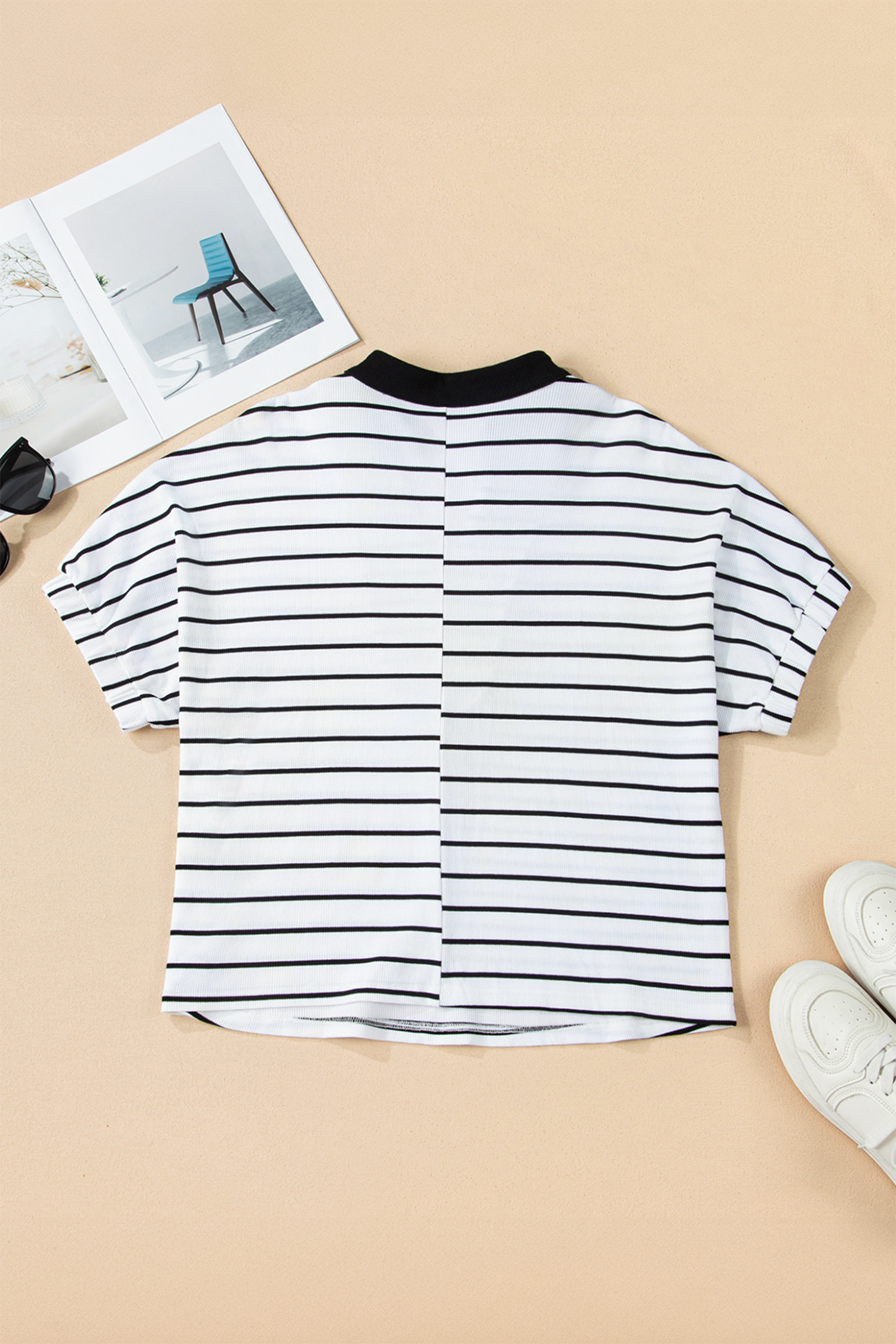 White Stripe Stand Collar V Neck Elastic Cuffs Half Sleeve Dolman Top - loveforevers