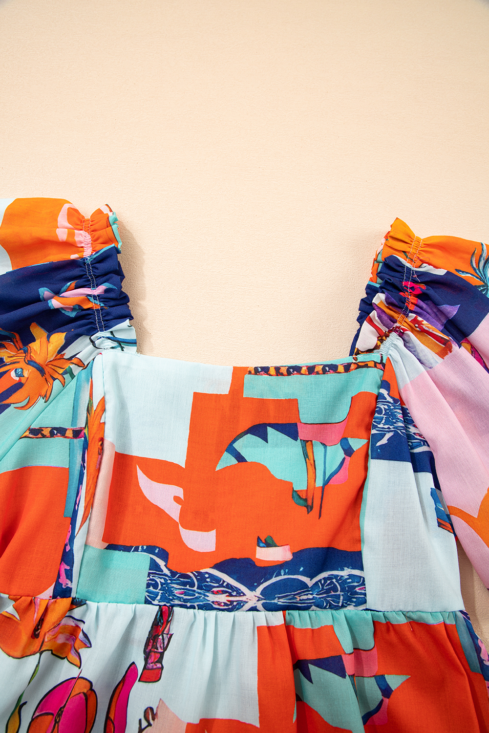 Sky Blue Tropical Printed Square Neck Flutter Sleeve Babydoll Blouse - loveforevers