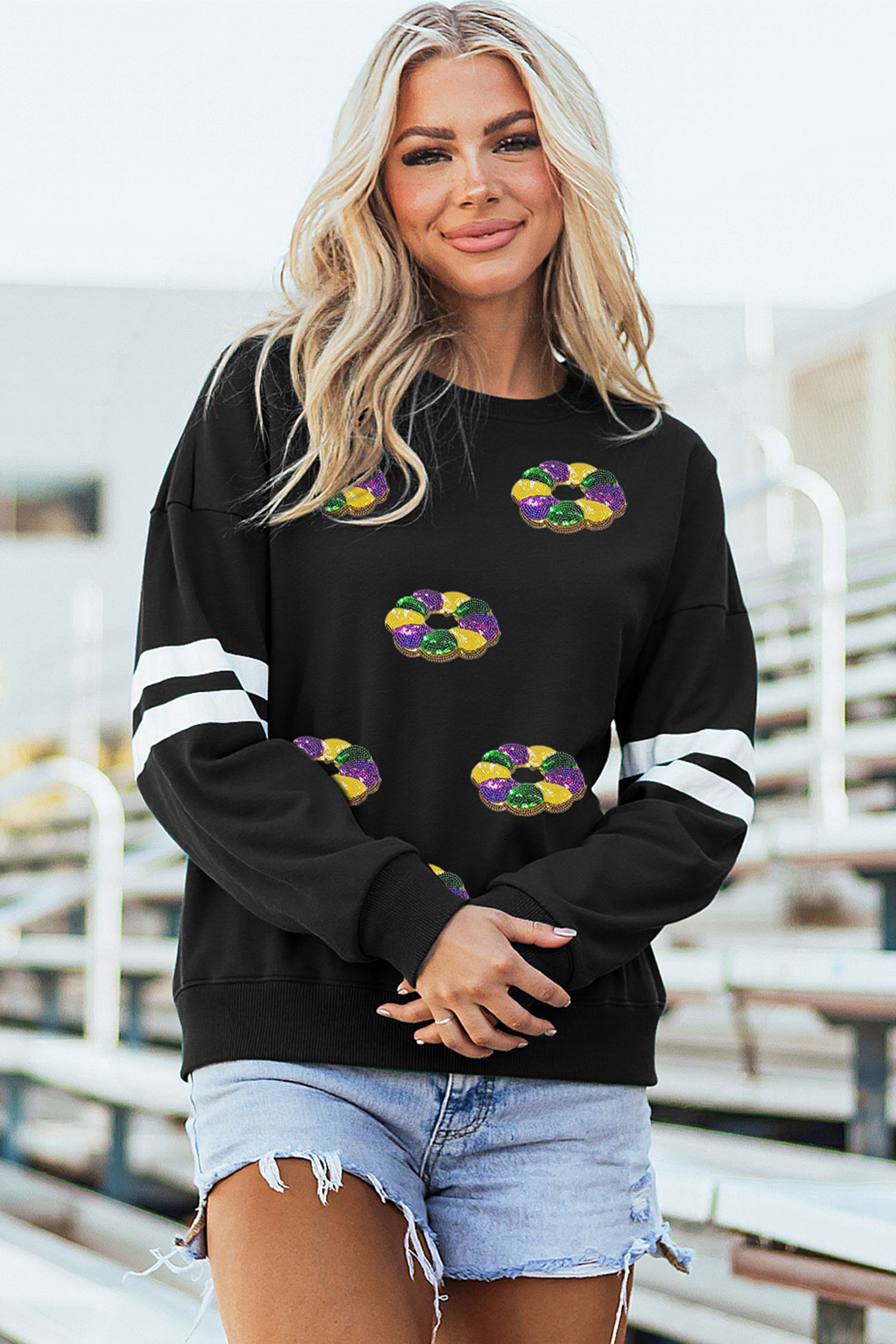 Black Sequin Mardi Crown Dropped Shoulder Varsity Sweatshirt - loveforevers