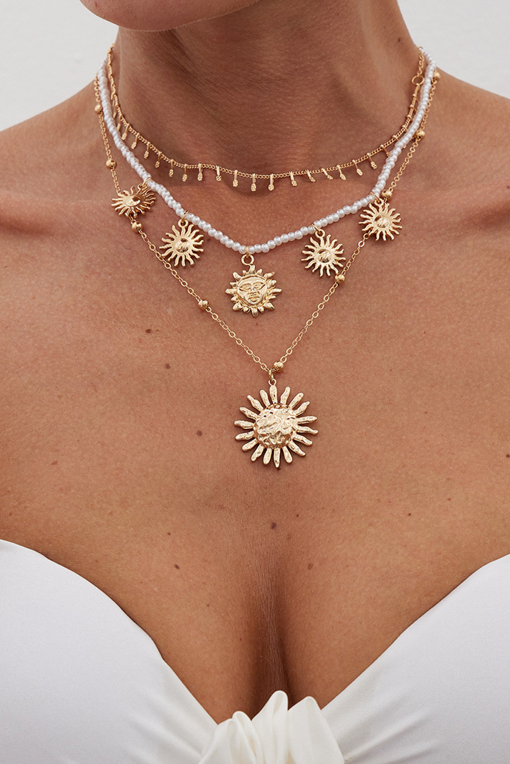 Gold Plated Alloy Pearl 3pcs Sun Goddess Necklace Set - loveforevers