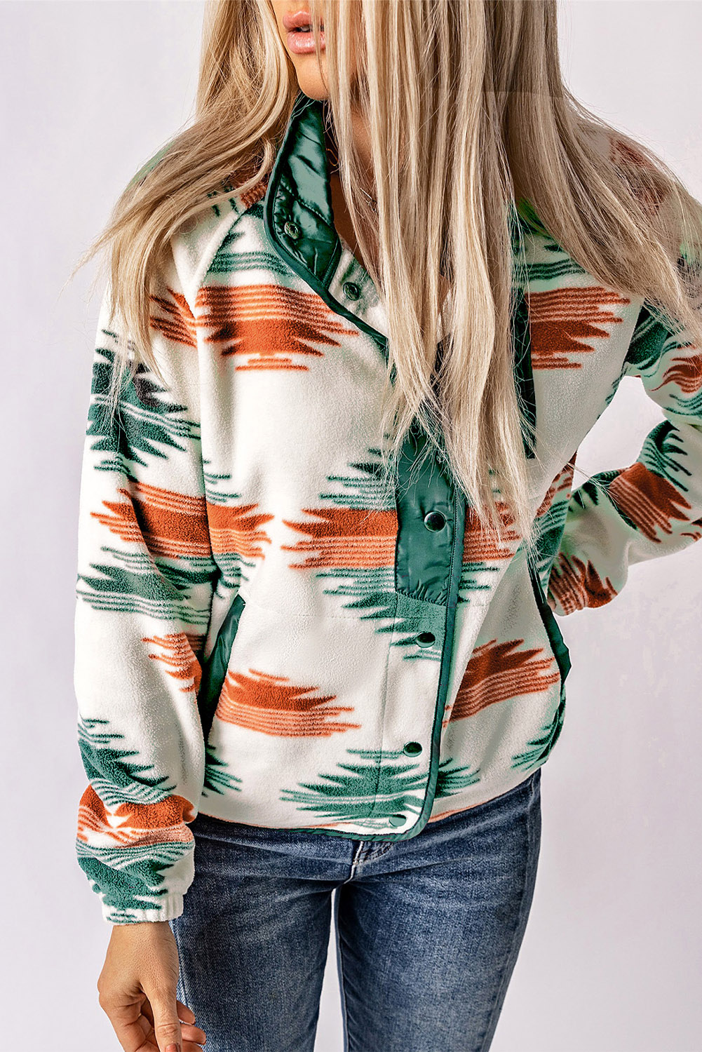Multicolour Western Aztec Snap Buttoned Fleece Jacket - loveforevers