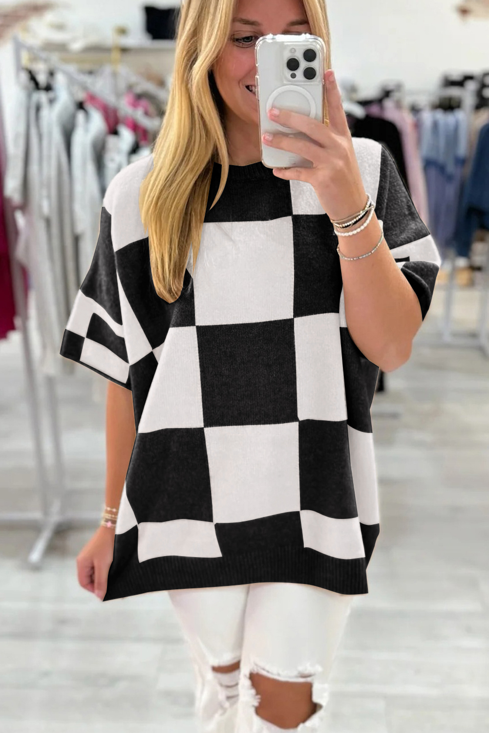 Black Checkered Pattern Loose Drop Shoulder Half Sleeve Sweater - loveforevers