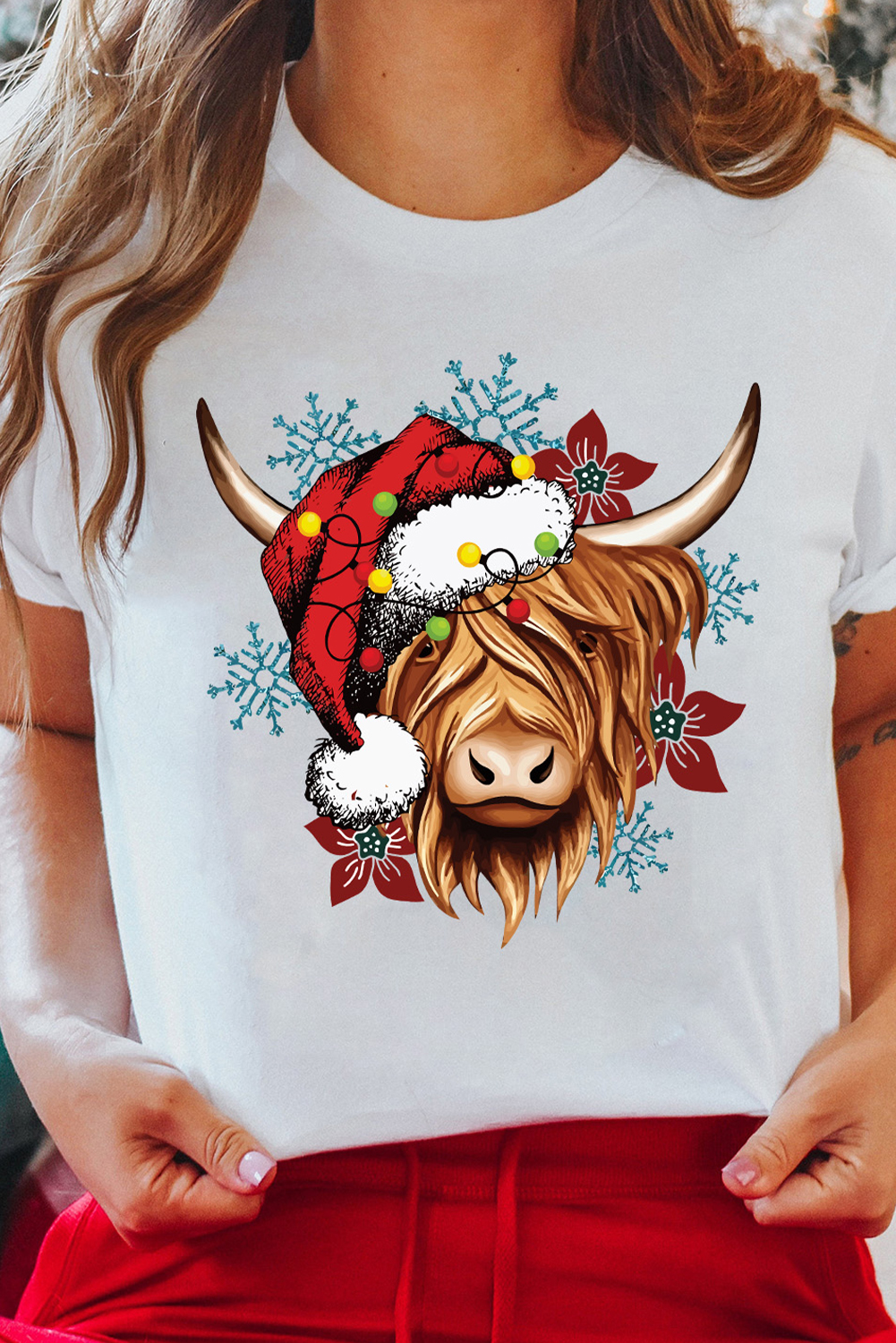 White Christmas Highland Ox Snowflake Print Womens T Shirt - loveforevers