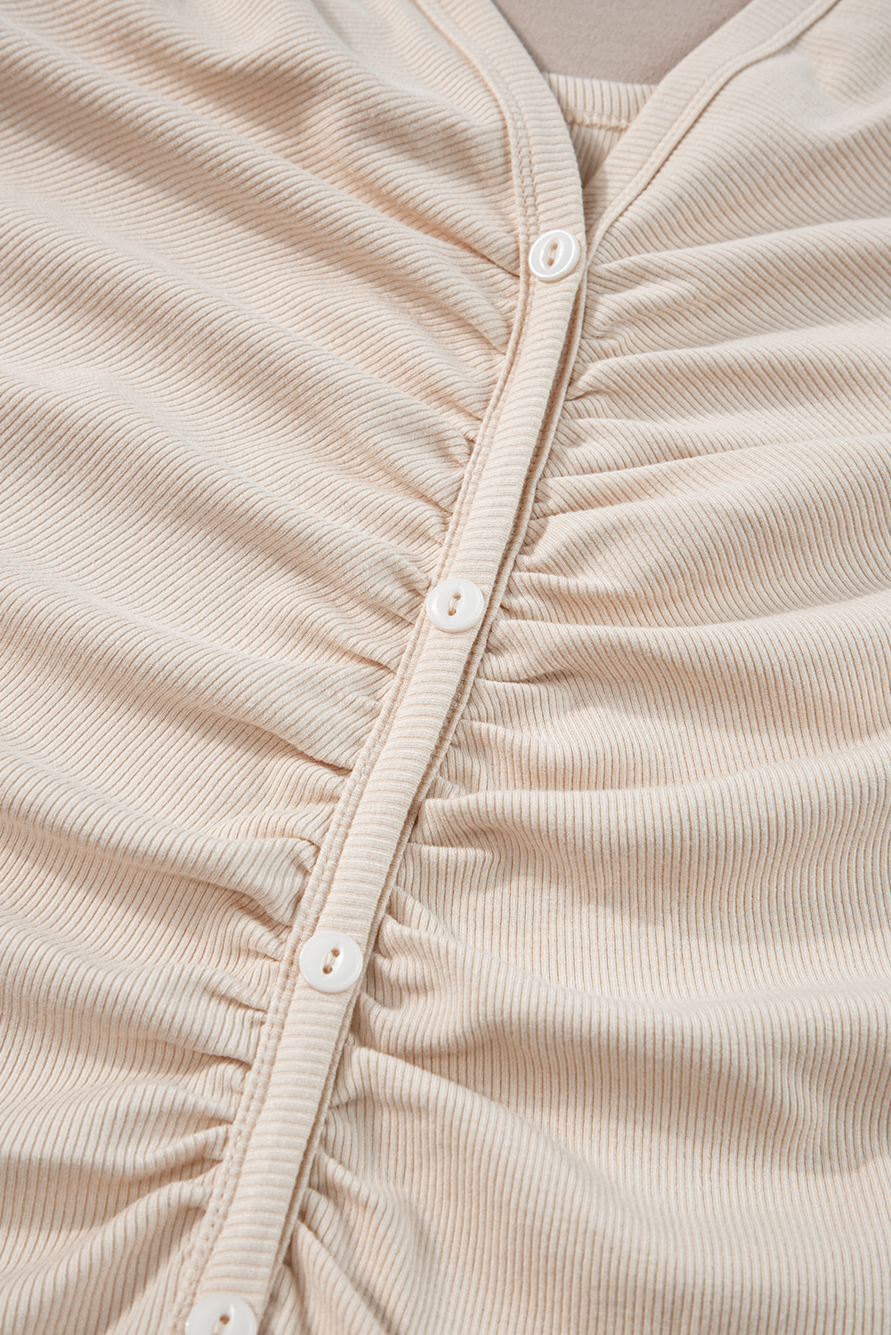 Beige V Neck Ruched Button Front French T-shirt Dress - loveforevers