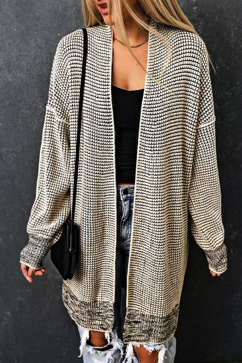 Apricot Plaid Knitted Long Open Front Cardigan - loveforevers
