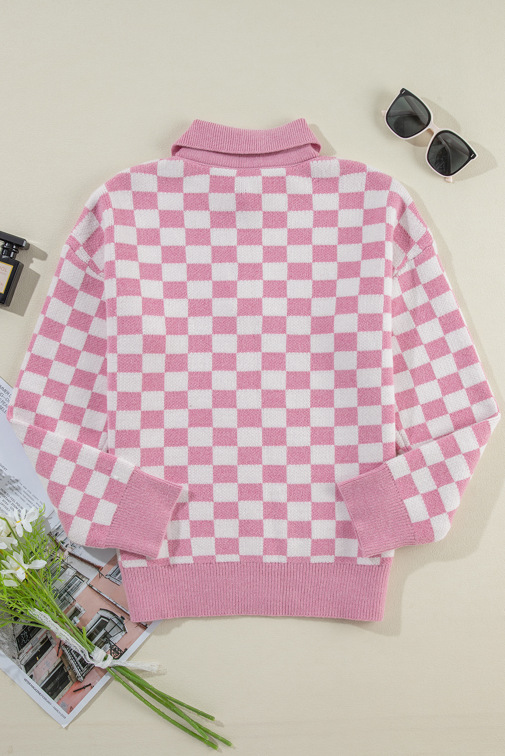 Pink Checkered Buttons Collar V Neck Drop Shoulder Sweater - loveforevers