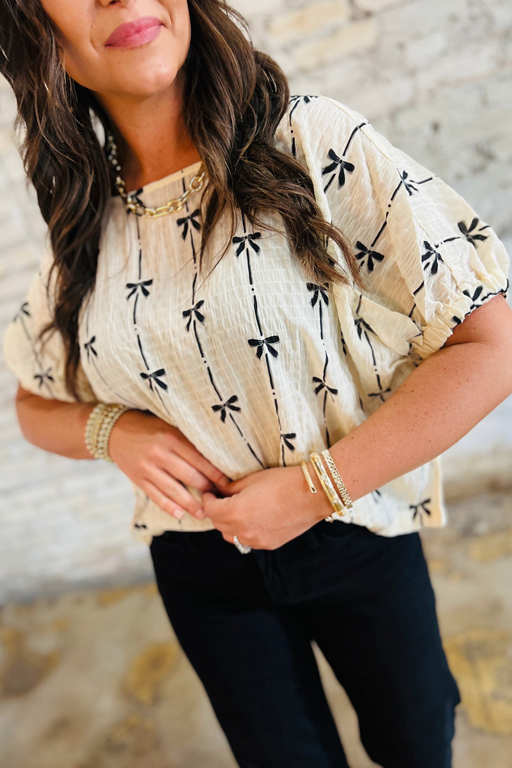 Beige Bow Print Puff Short Sleeve Top - loveforevers