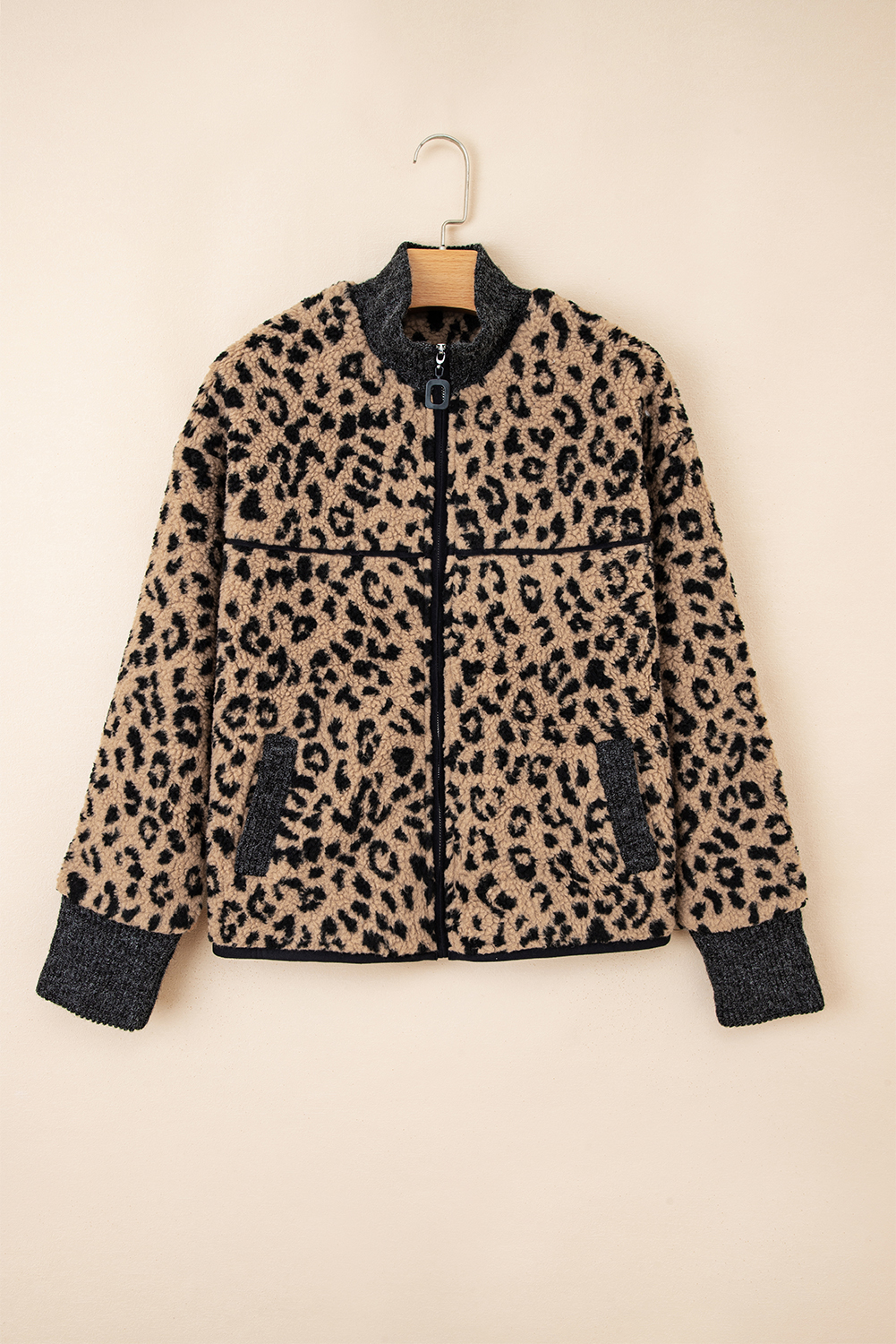 Khaki Leopard Print Zip Up Stand Neck Side Pocket Jacket - loveforevers