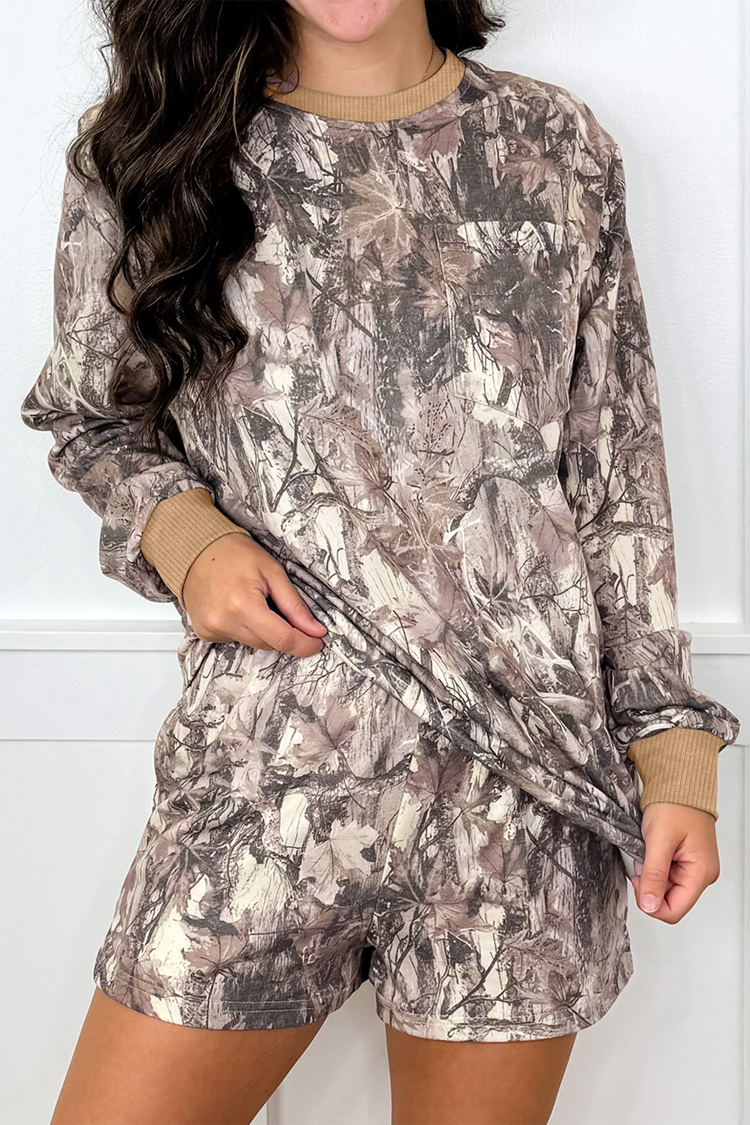 Khaki Woodland Camo Print Long Sleeve Top Casual Short Set - loveforevers