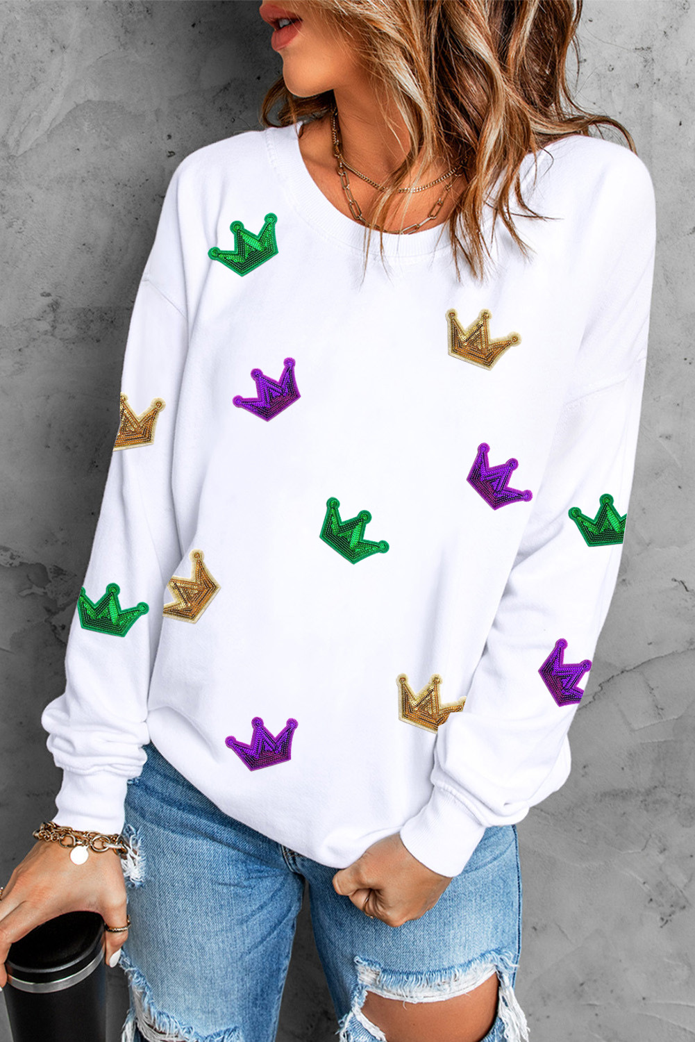White Mardi Gras Crown Sequined Patch Crew Neck Sweatshirt - loveforevers
