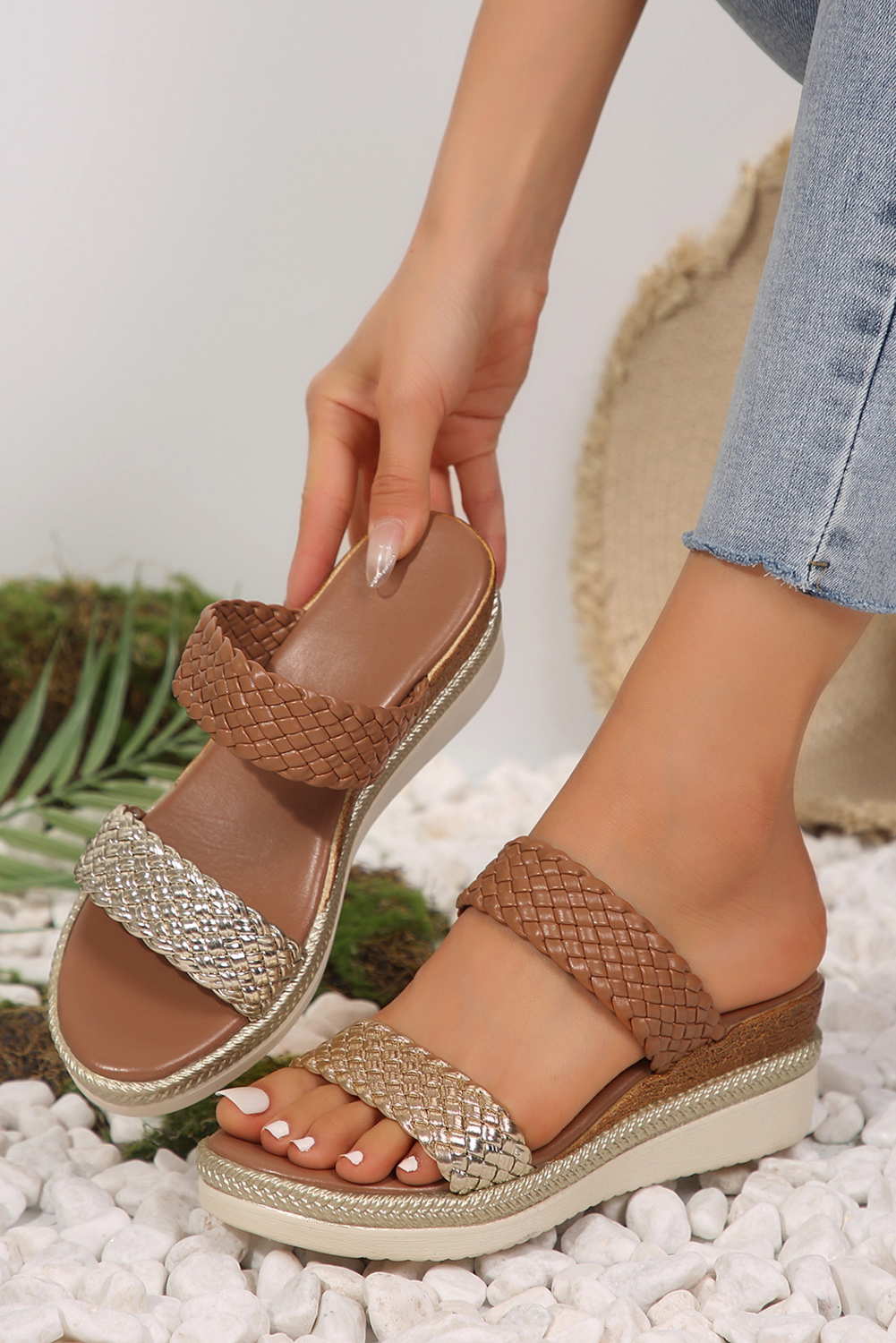 Gold Braided Dual Band PU Leather Wedge Slippers - loveforevers