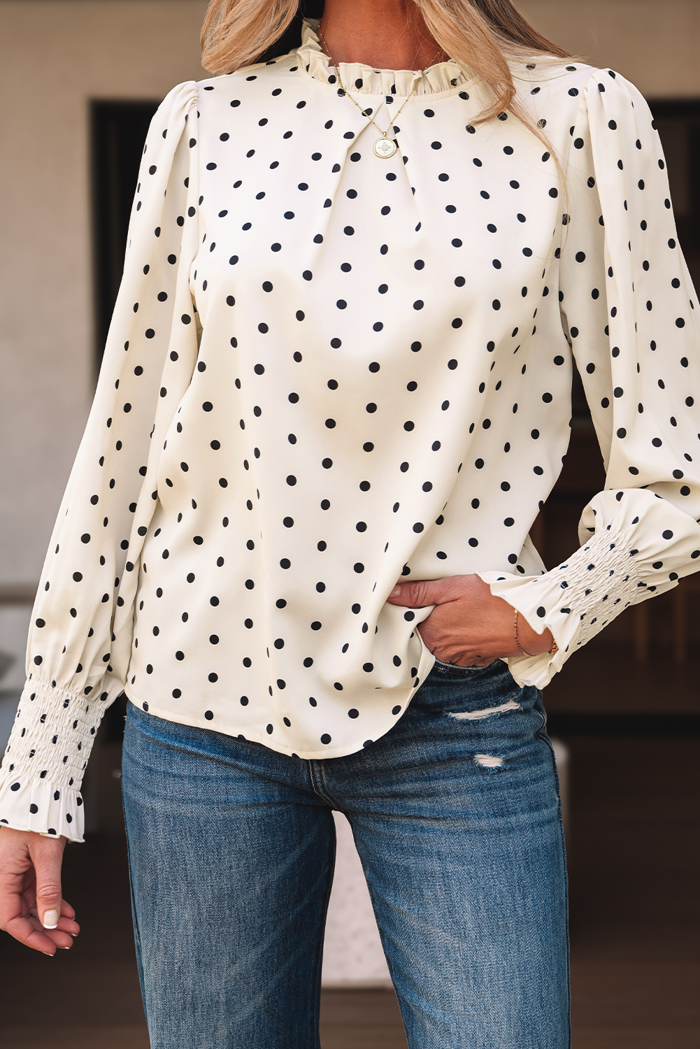 Apricot Polka Dot Print Frilled Collar Lantern Sleeve Blouse - loveforevers