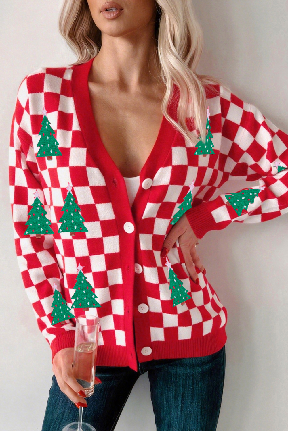 Pink Checkered Christmas Tree Pattern Button V Neck Cardigan Sweater - loveforevers