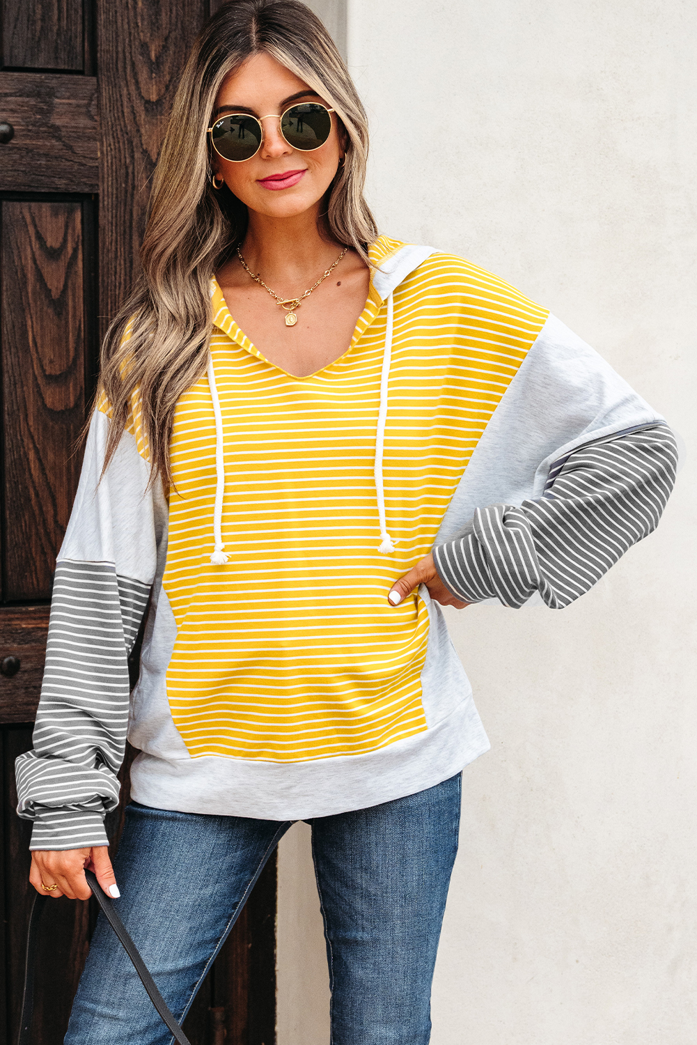 Yellow Stripe Color Block Drawstring V Neck Loose Fit Hooded Top - loveforevers