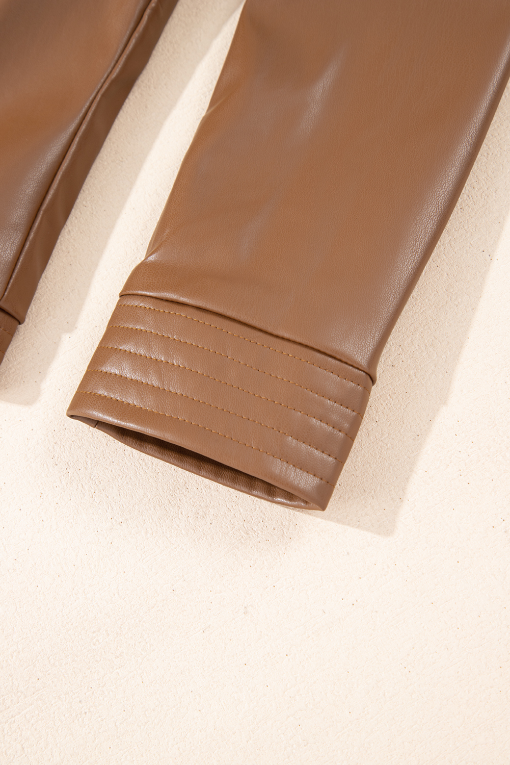 Chestnut Solid Faux Leather Zipper Slim Fit Bomber Jacket - loveforevers