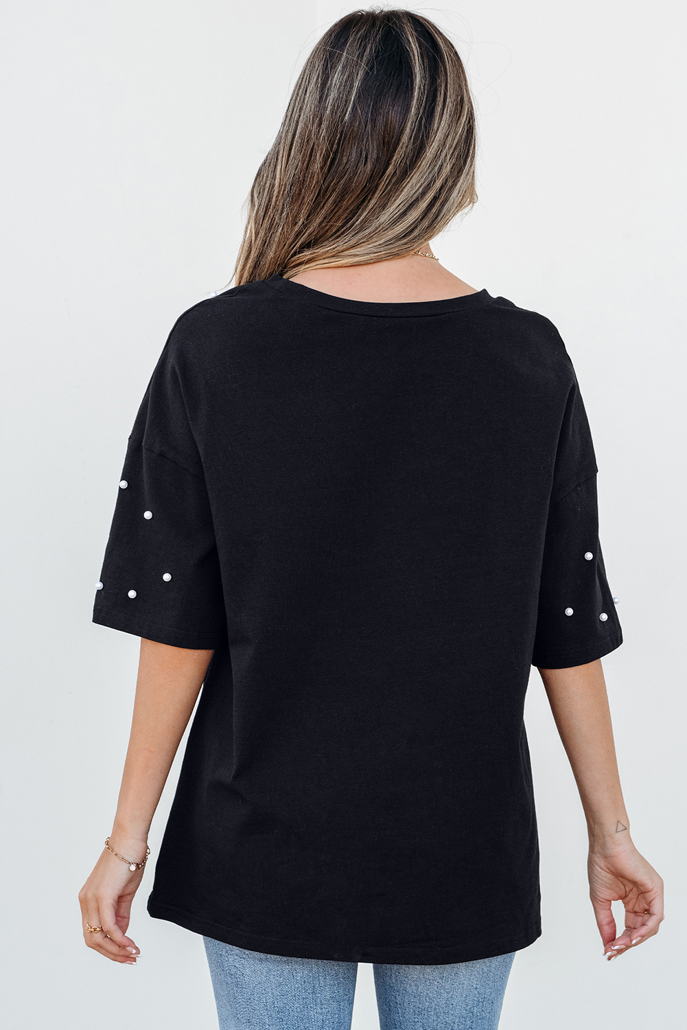 Black Pearl Beaded  Drop Shoulder Crewneck T Shirt - loveforevers