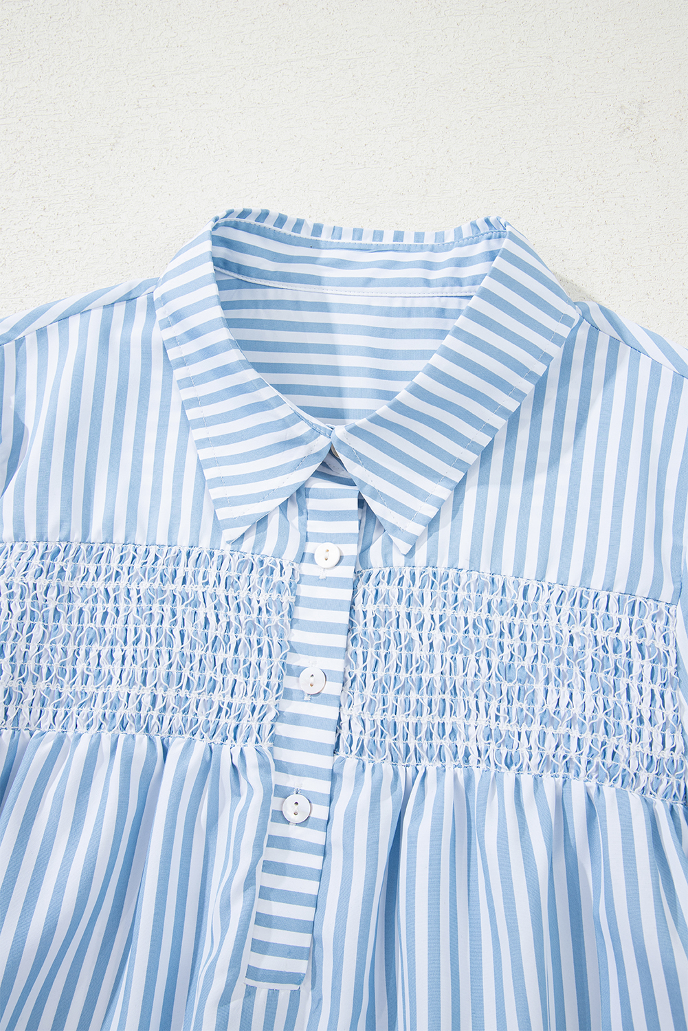 Sky Blue Stripe Shirred Detail Half Placket Collared Long Sleeve Fall Shirt - loveforevers