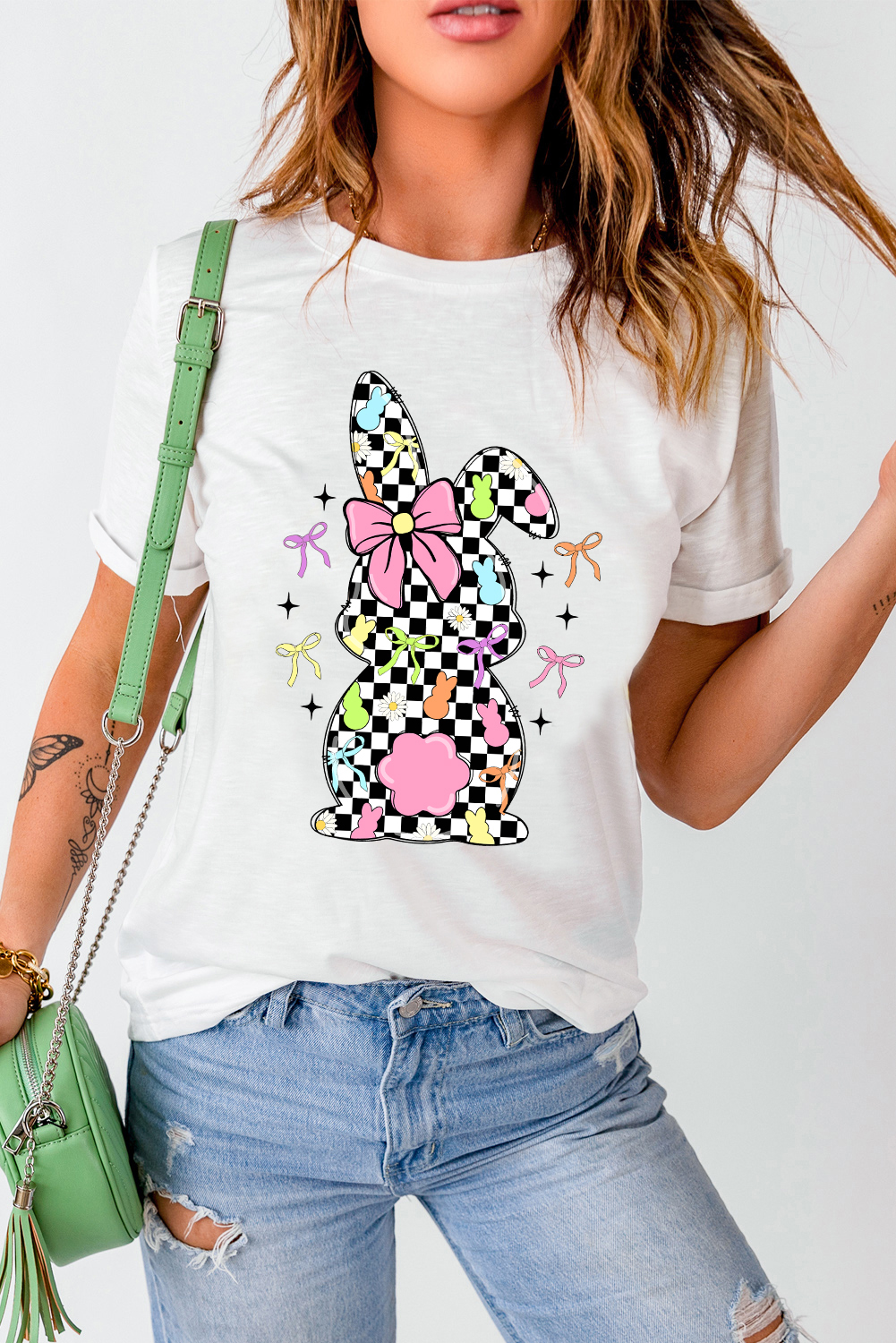 White Bowknot Checkerboard Bunny Graphic Easter T Shirt - loveforevers