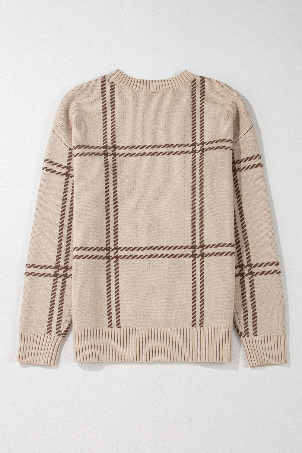 Khaki Plaid Pattern Knitted Drop Shoulder Sweater - loveforevers
