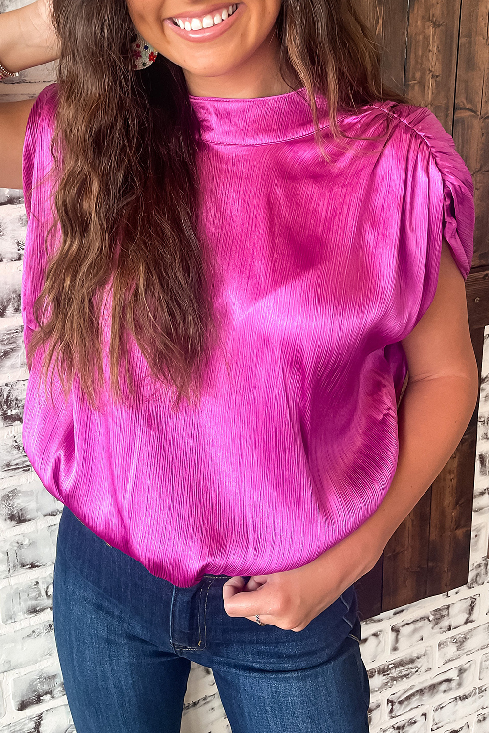 Bright Pink Ruched Sleeves Knotted Backless Blouse - loveforevers