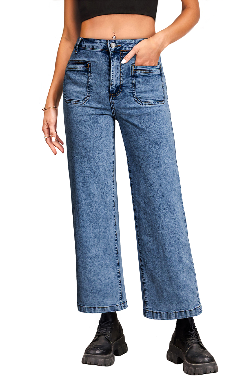 Light Blue Chic Patch Pocket Straight Leg Loose Jeans - loveforevers