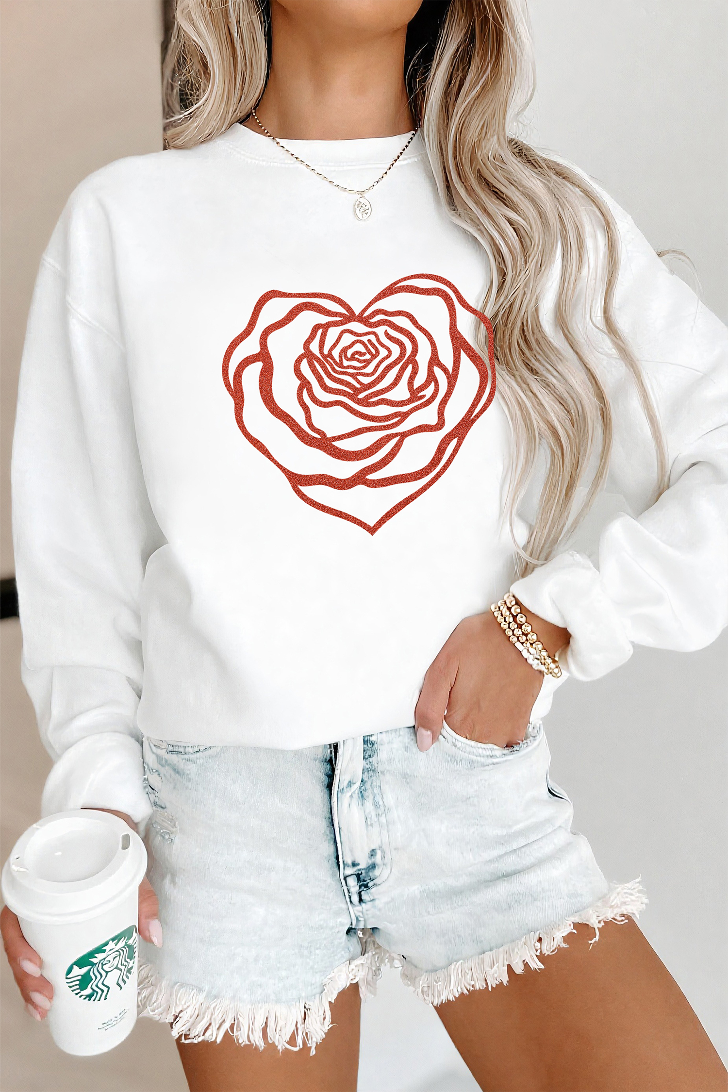 White Love Rose Shimmer Foil Printed Drop Shoulder Sweatshirt - loveforevers