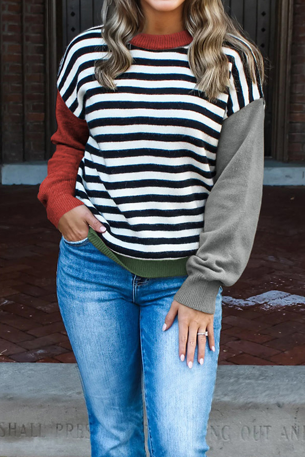 Gray Striped Panels Colorblock Sleeve Chic Sweater - loveforevers