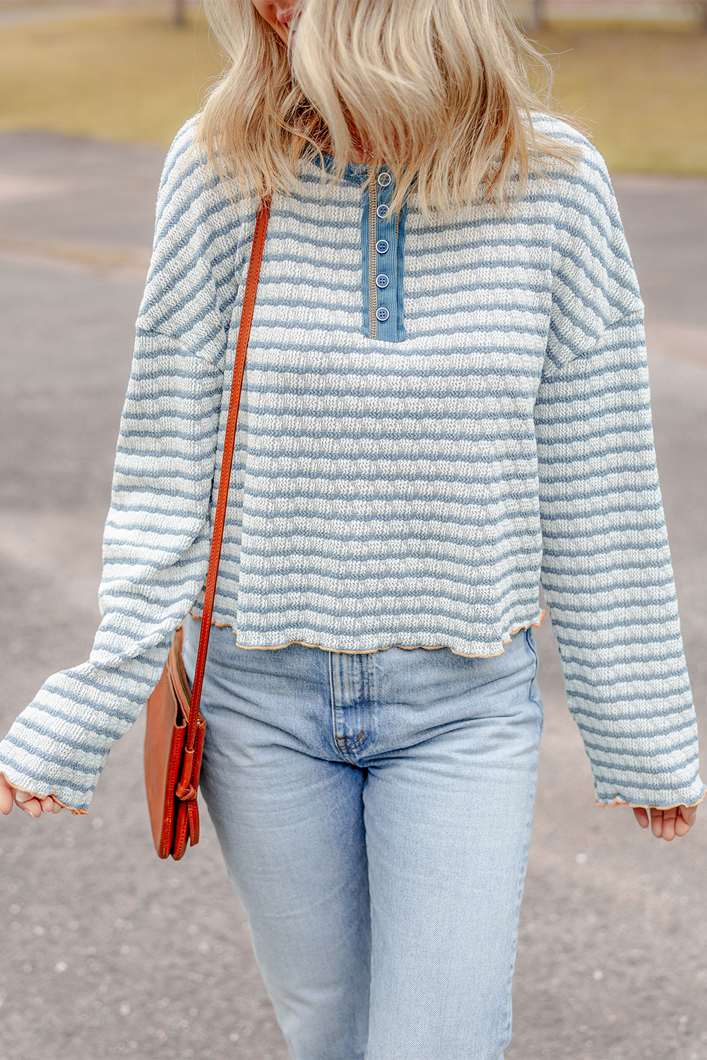 Sky Blue Stripe Textured Frilly Trim Buttons Henley Long Sleeve Top - loveforevers