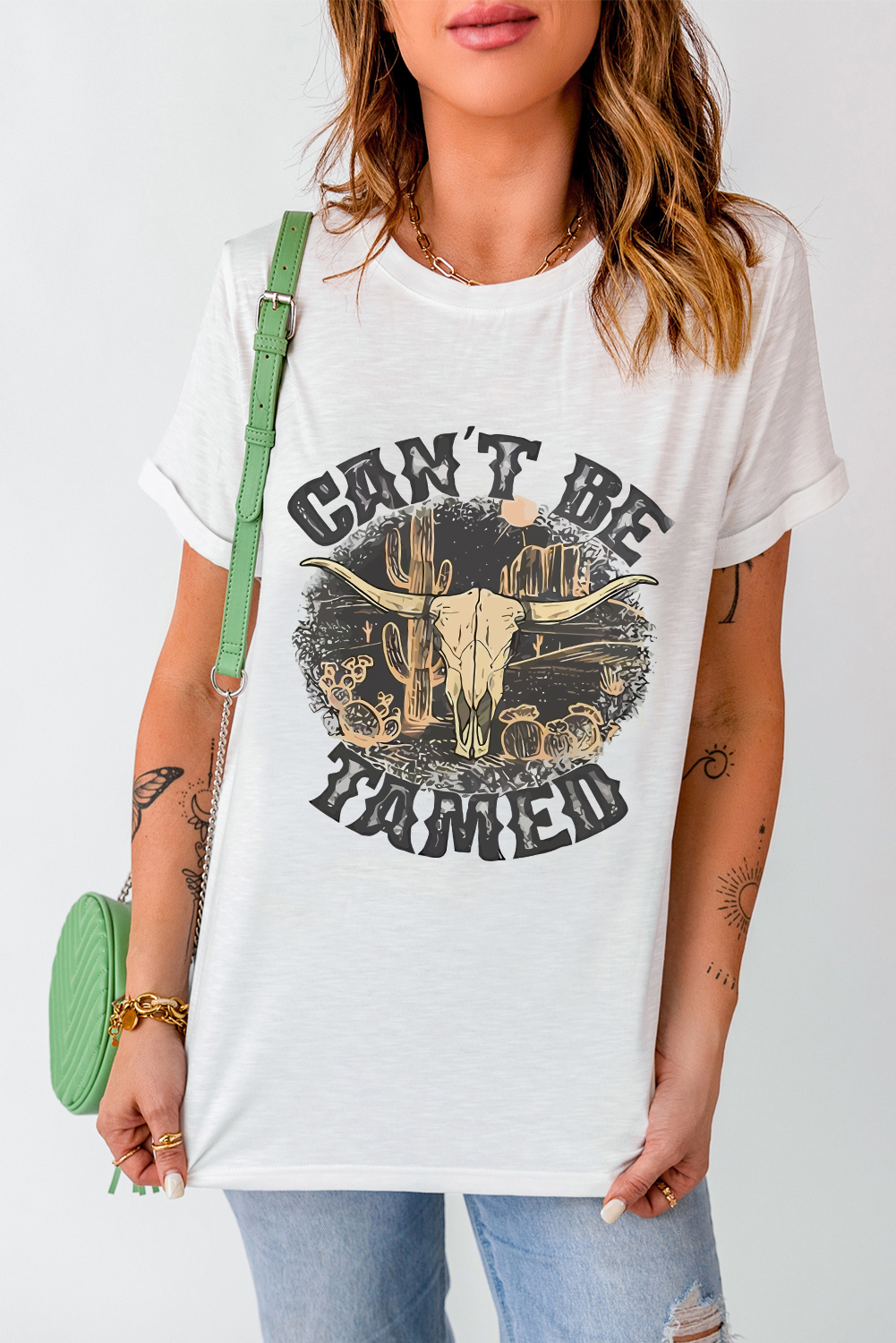 White Cant Be Tamed Western Steer Head Crew Neck T Shirt - loveforevers