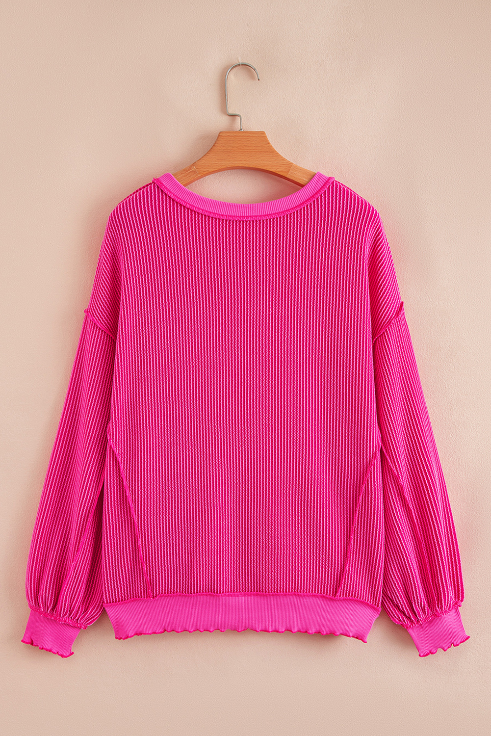Strawberry Pink Twisted Ribbed Texture Merry Christmas Sequin Letter Graphic Top - loveforevers