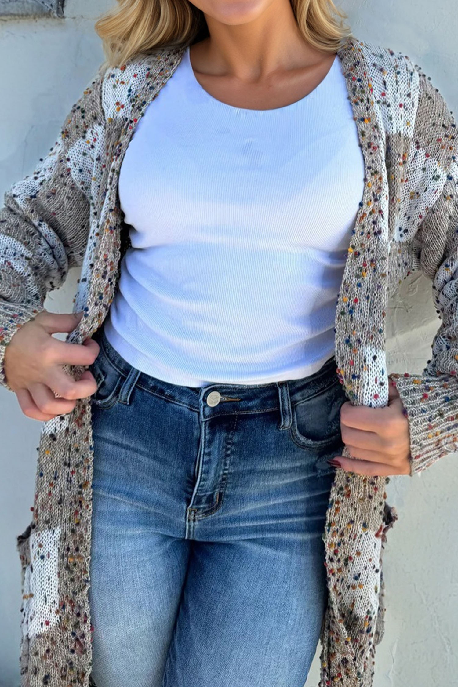 Brown Confetti Dot Checkered Print Open Cardigan with Pockets - loveforevers