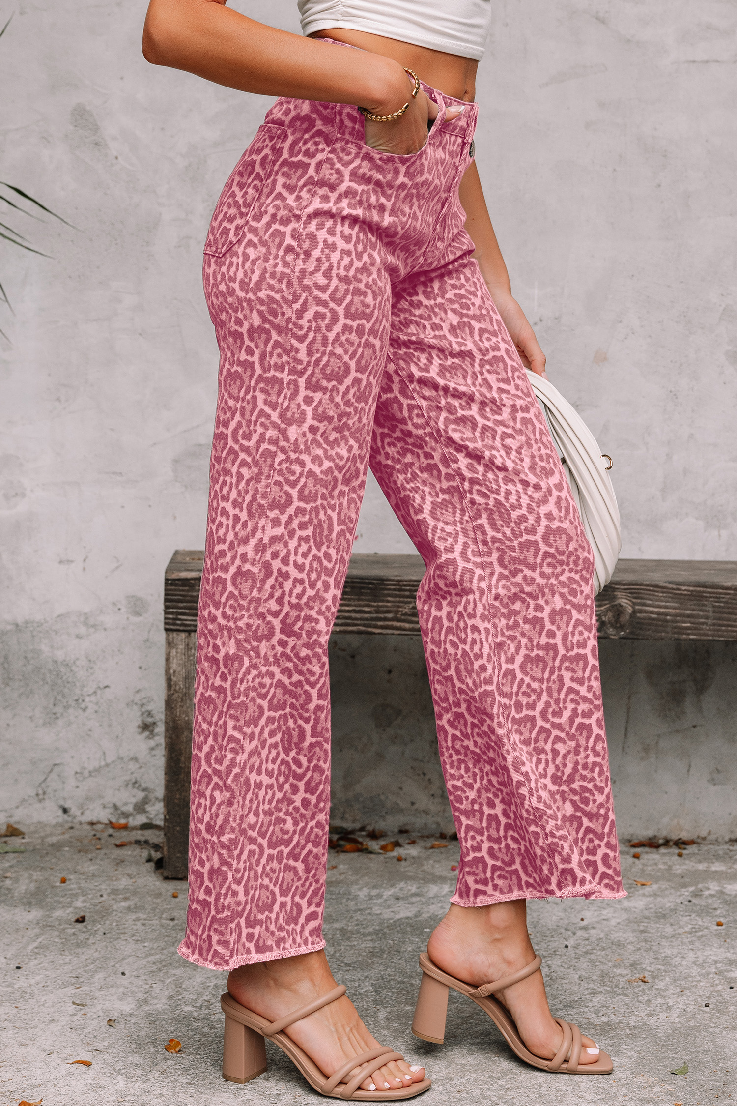 Rose Leopard Frayed Edge Wide Leg High Waist Jeans - loveforevers