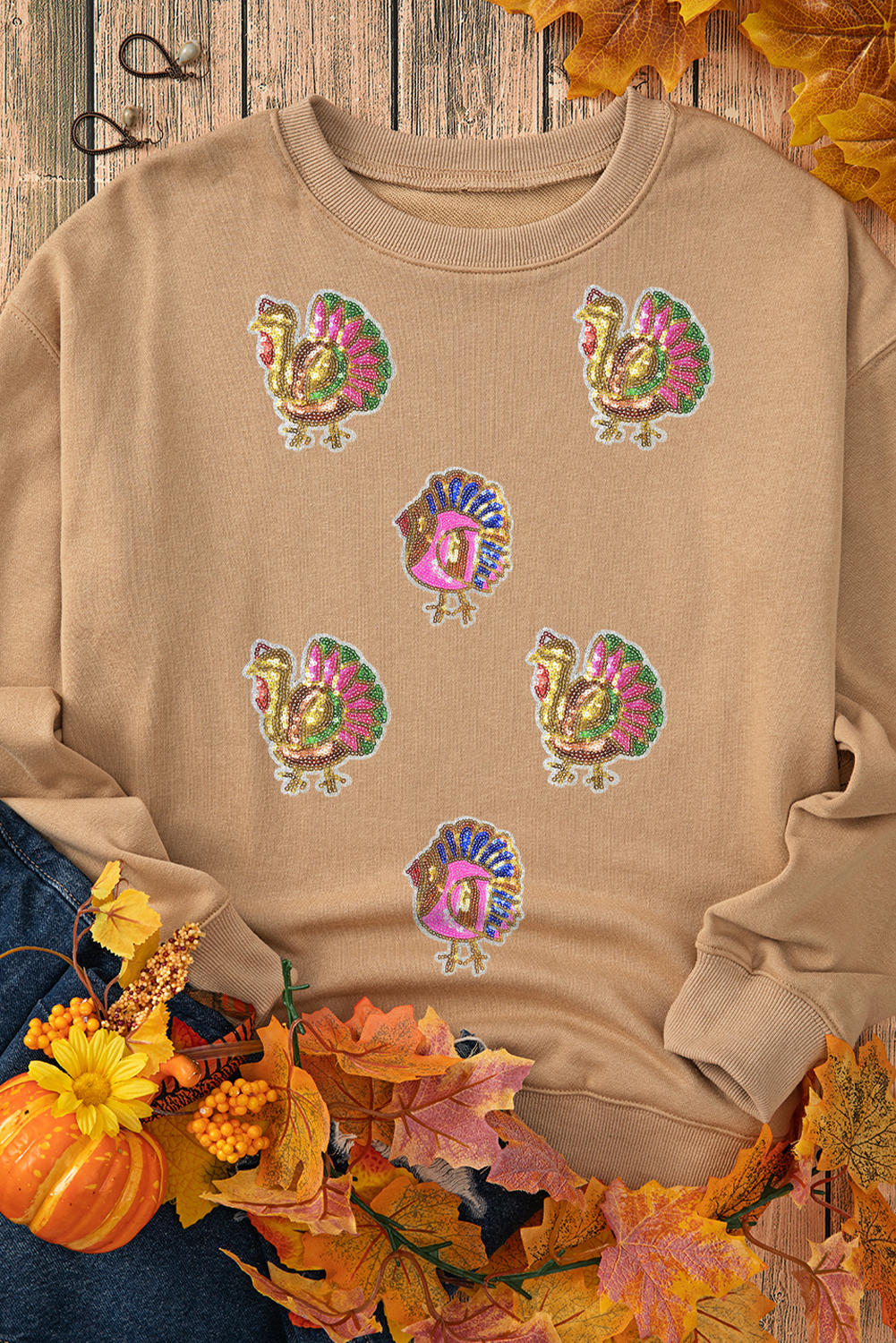 Khaki Sequin Thanksgiving Turkey Graphic Baggy Sweatshirt - loveforevers