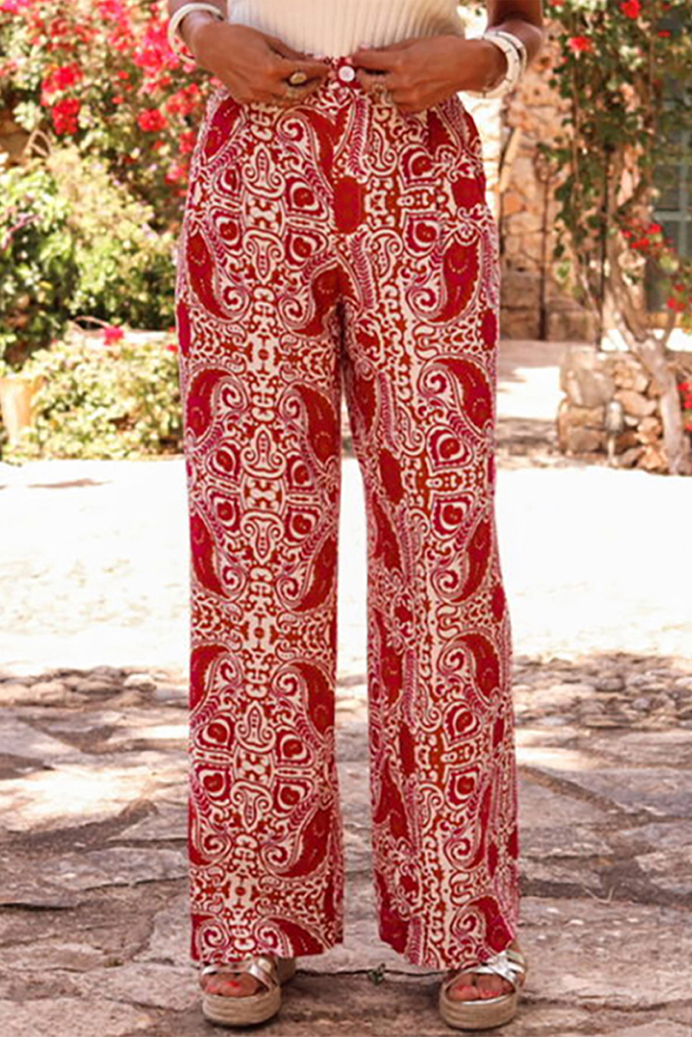 Red Paisley Printed Buttoned High Waist Straight Leg Pants - loveforevers