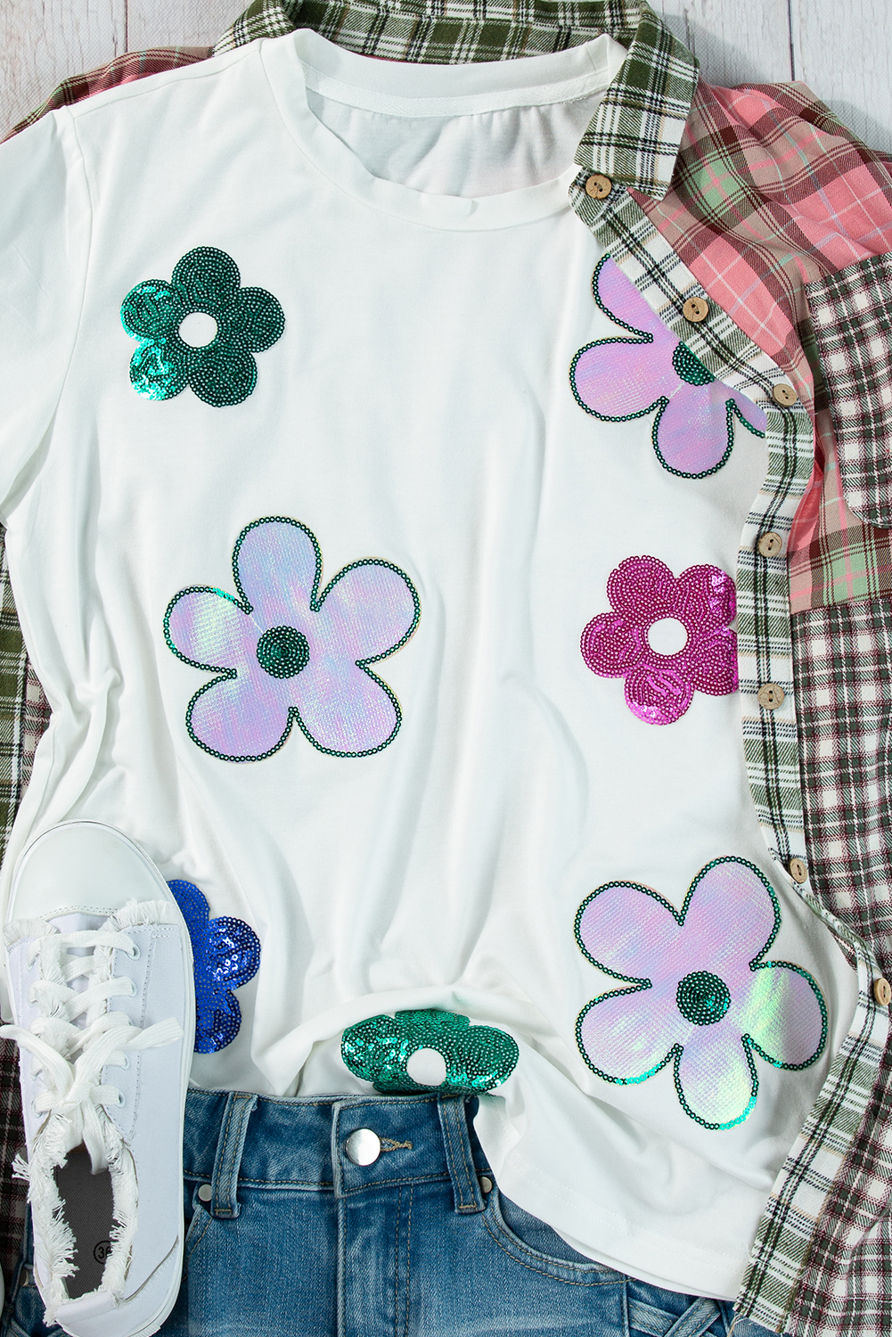 White Sequined Flower Pattern Round Neck T Shirt - loveforevers