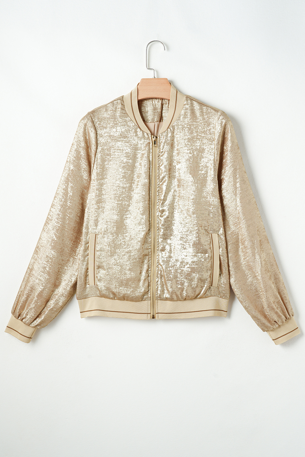 Pale Khaki Metallic Zip up Baseball Jacket - loveforevers