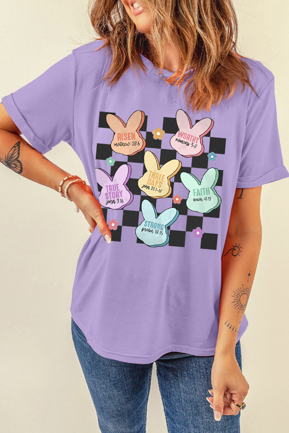 Wisteria Bunny Bible Verses Checkered Print Easter T Shirt - loveforevers