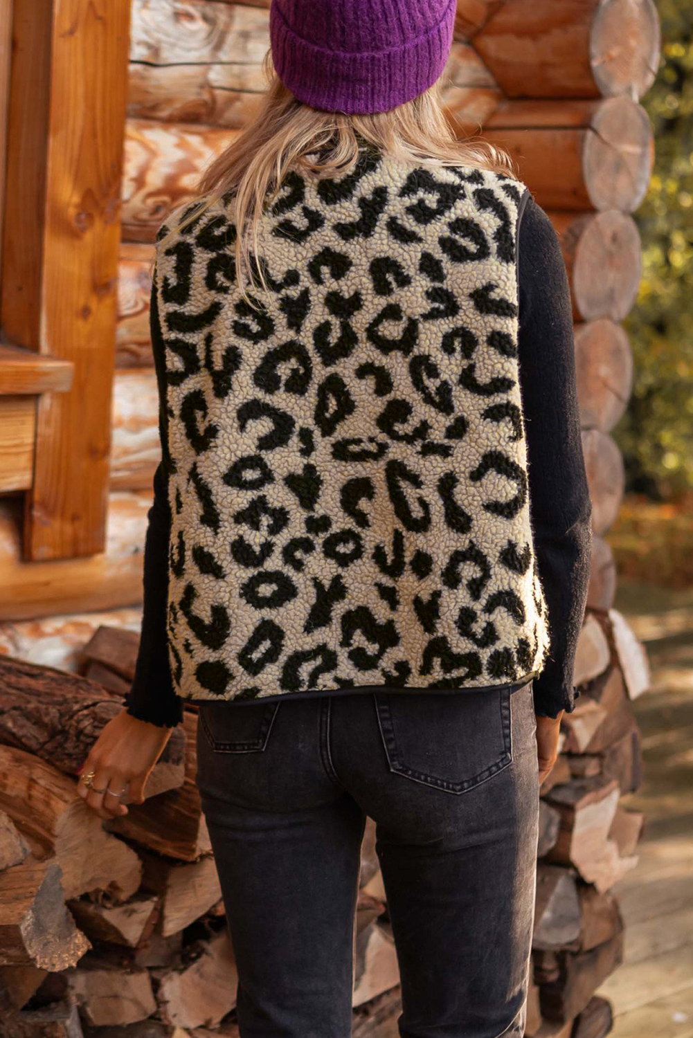 Black Leopard Print Sherpa Vest Coat - loveforevers