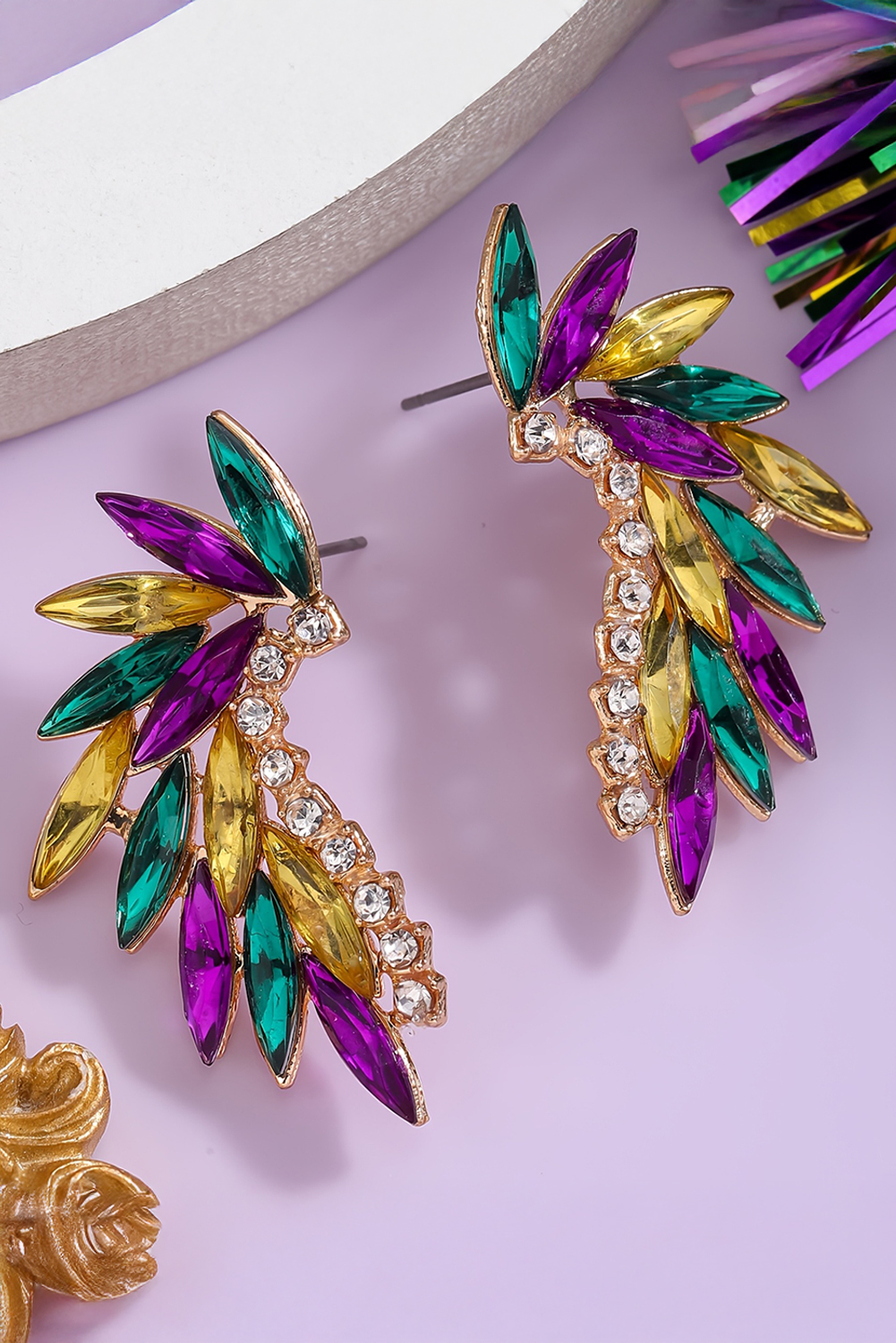 Gold Mardi Gras Rhinestone Crystal Inlay Stud Earrings - loveforevers