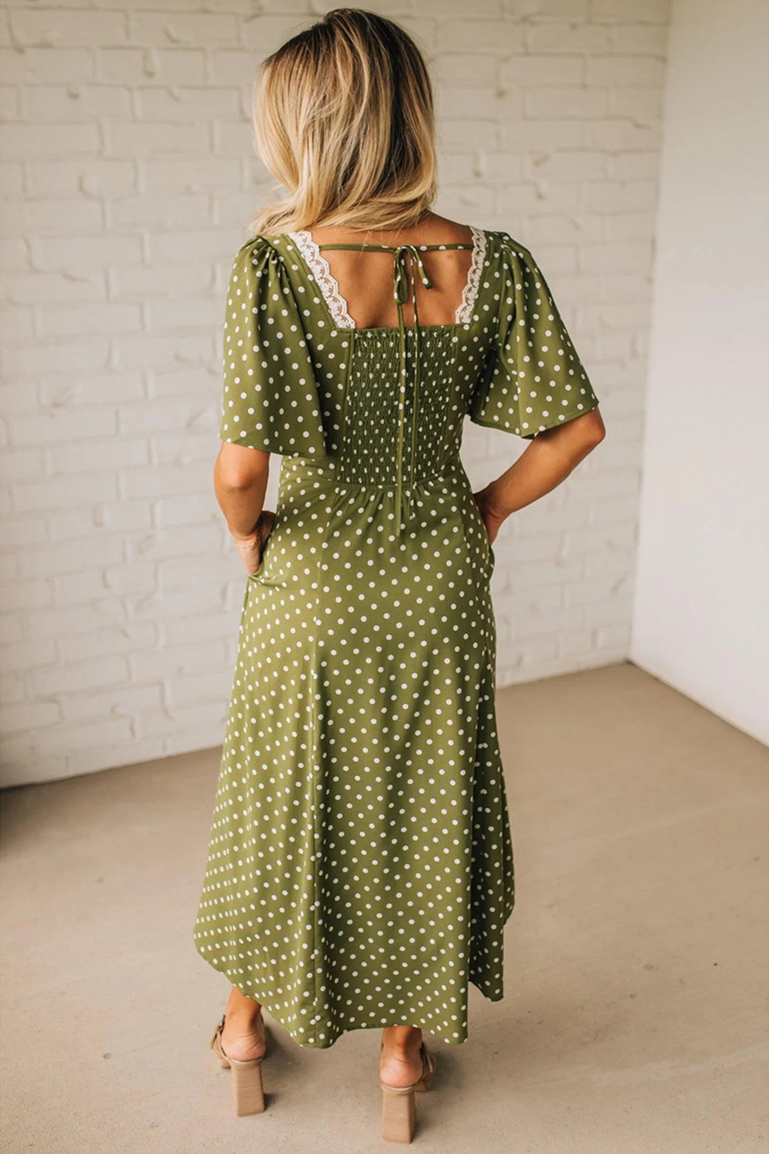 Green Polka Dot Print Lacy Neckline Smocked High Waist Maxi Dress - loveforevers