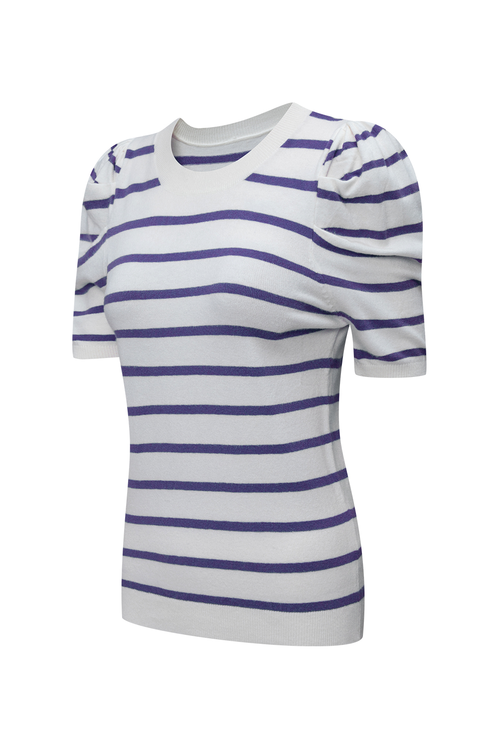 Blue Stripe Ribbed Trim Round Neck Bubble Sleeve Knitted Top - loveforevers