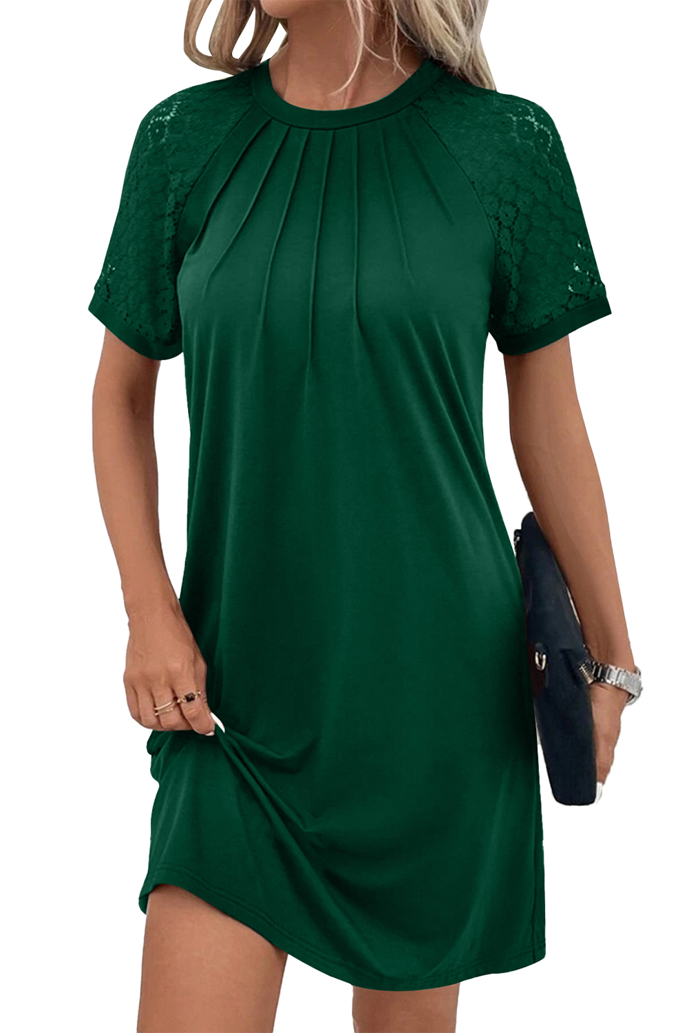 Navy Blue Contrast Lace Raglan Sleeve Pleated Detail Shift Dress - loveforevers