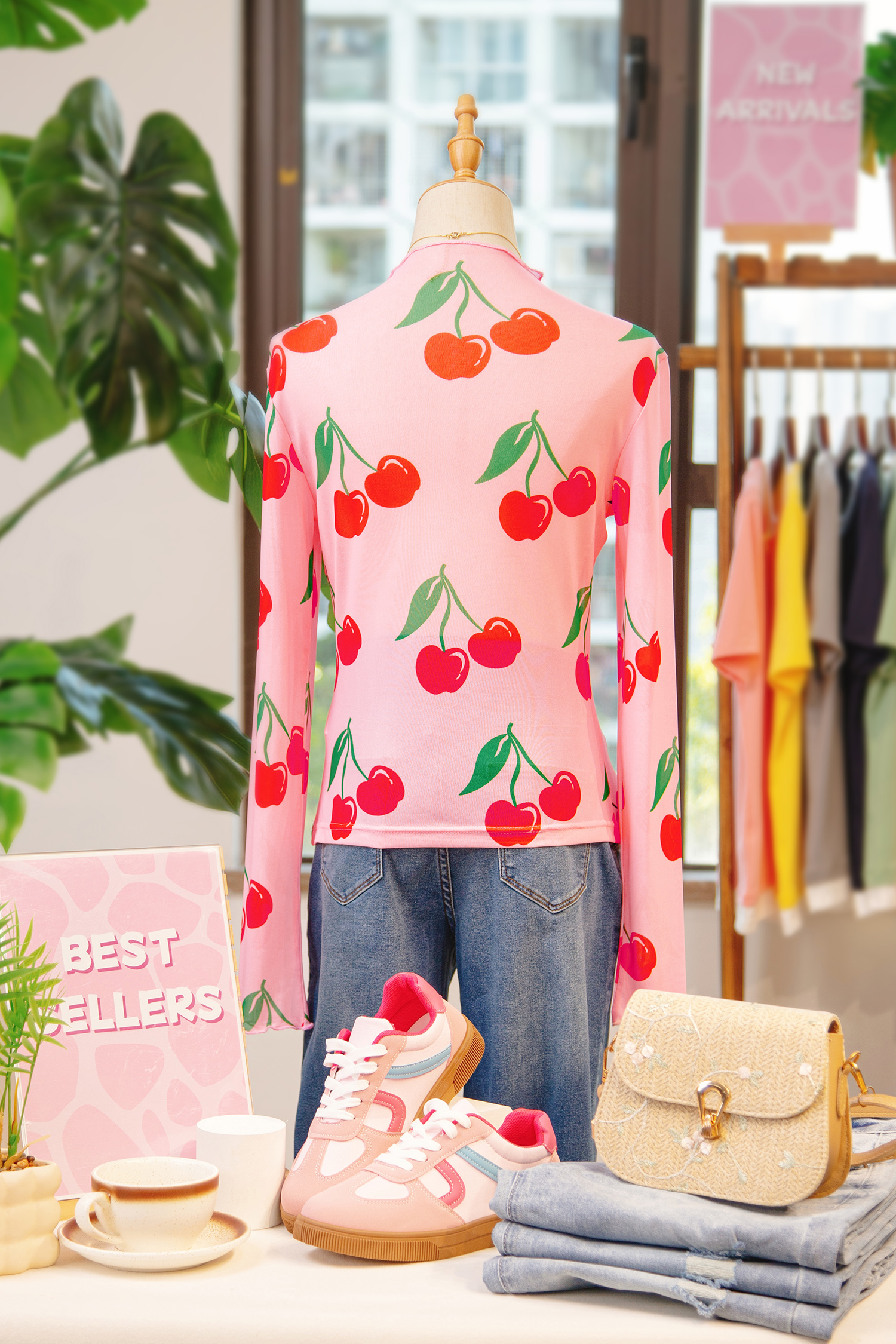 Pink Cherry Print Lettuce Trim Long Sleeve Mesh Top - loveforevers
