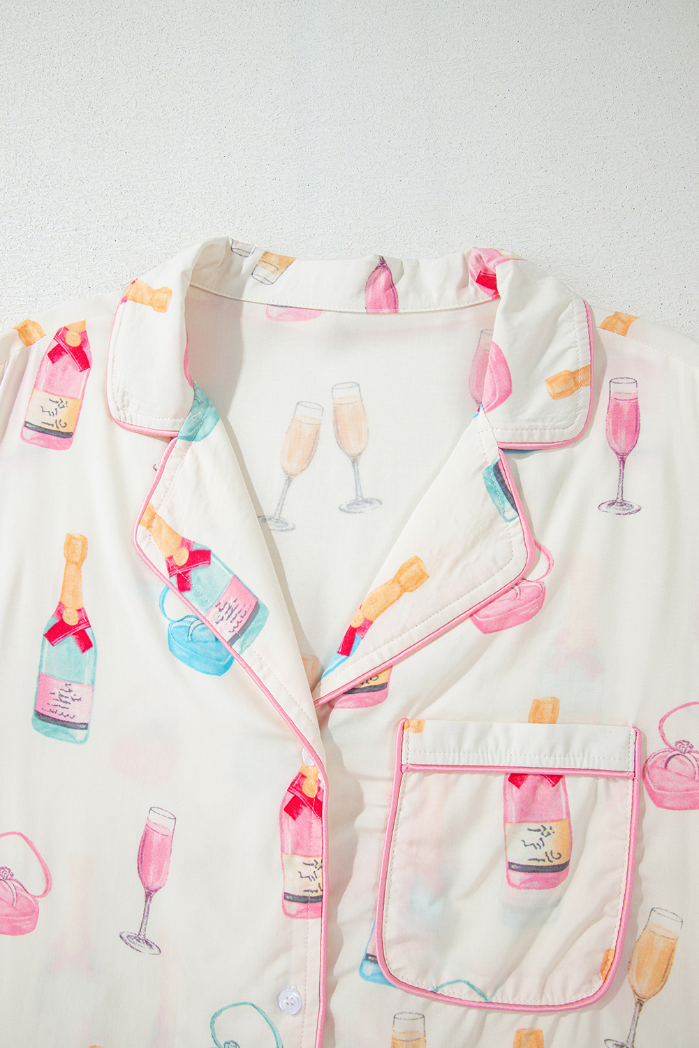 White Christmas Wine Glass Print Bow Knot Two Piece Pajama Set - loveforevers