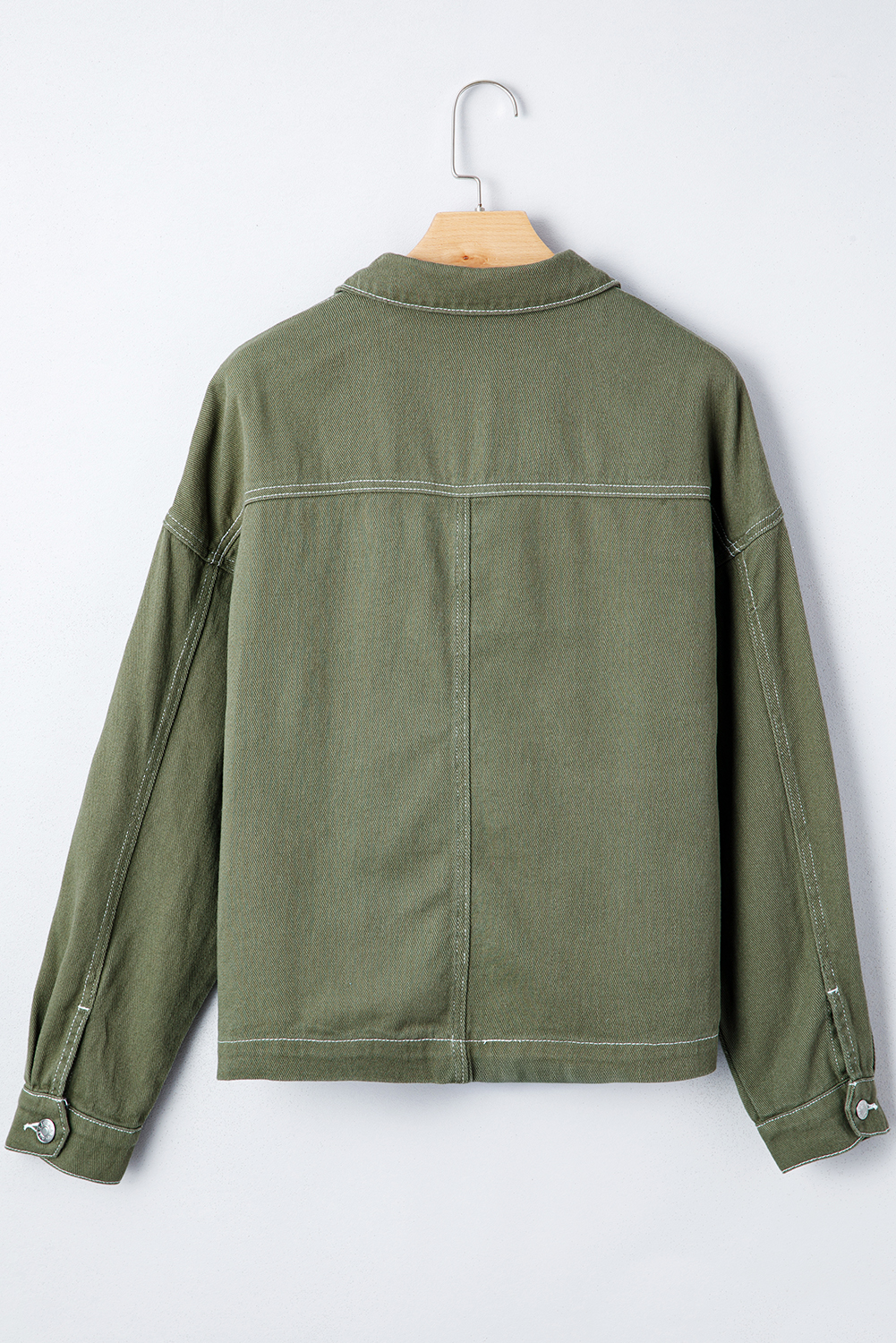 Smoke Green Patched Pocket Collared Button Front Boyfriend Denim Jacket - loveforevers