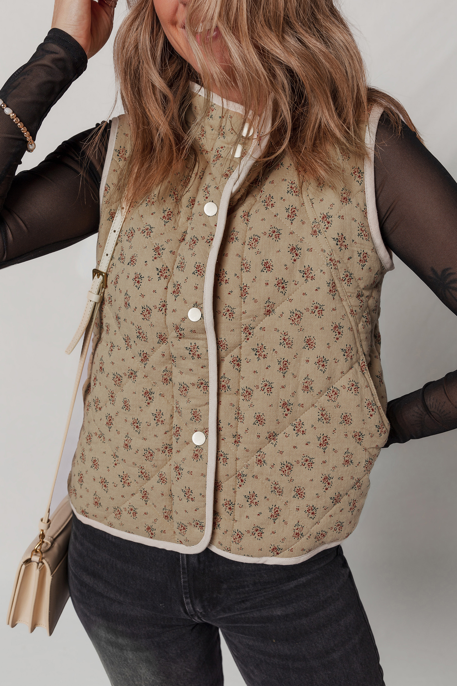 Khaki Floral Print Quilted Concealed Button Vest - loveforevers