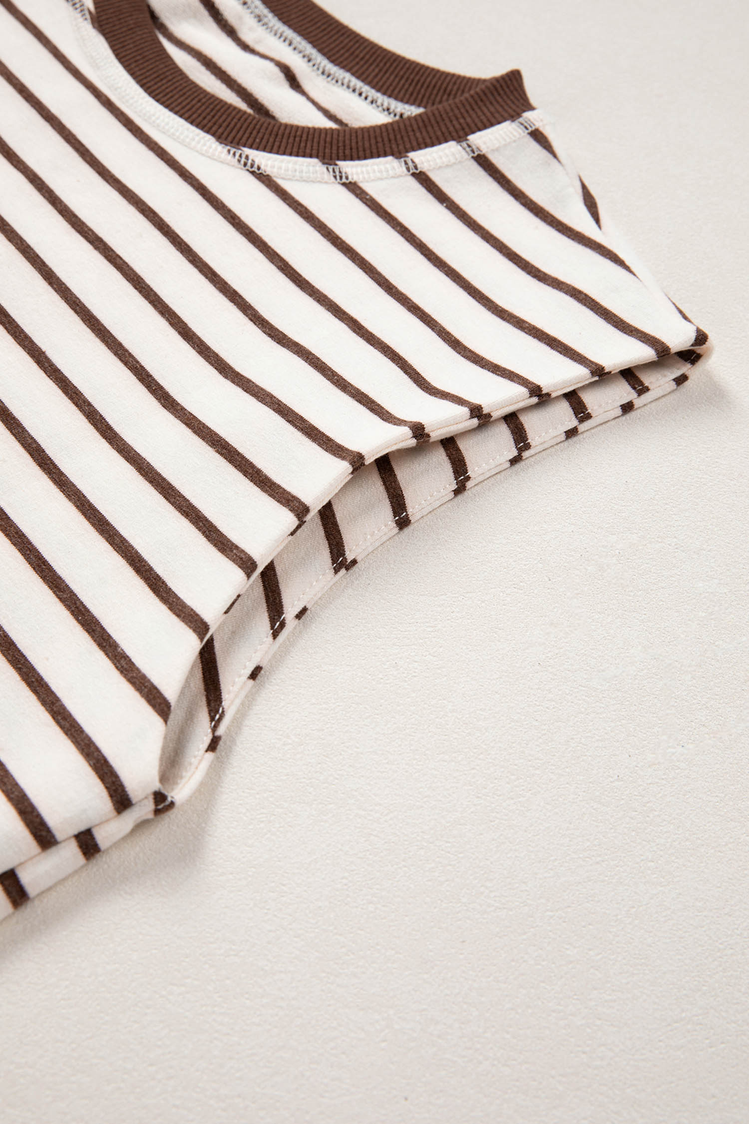 Brown Stripe Ribbed Round Neck Trim Loose Tank Top - loveforevers