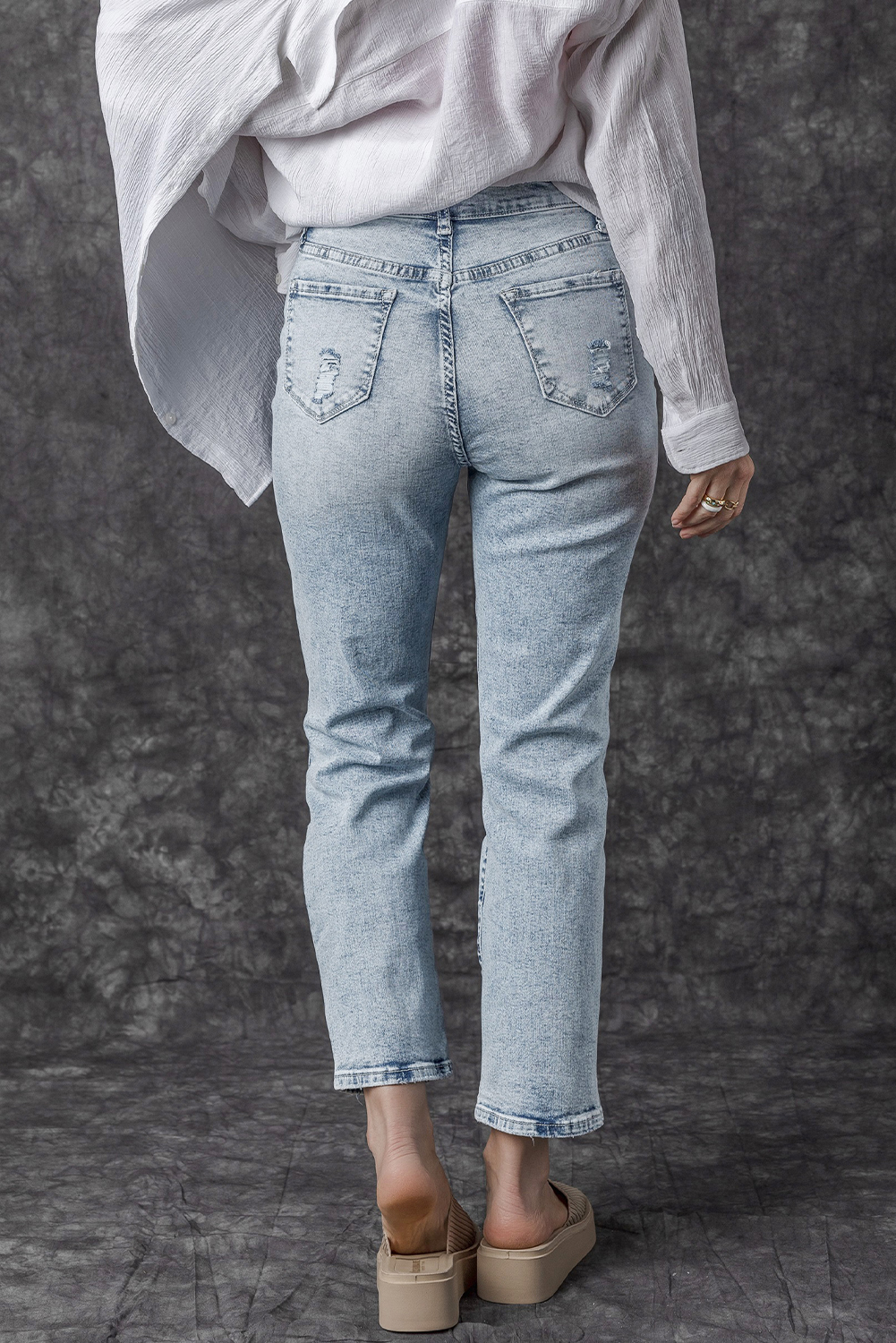 Sky Blue Light Wash Frayed Slim Fit High Waist Jeans - loveforevers